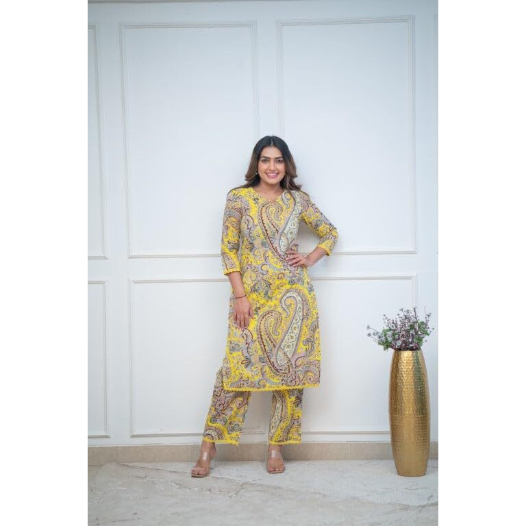 Gosriki Women's Rayon Viscose Straight Printed Kurta With Palazzo (Elevate Yellow-Gs_L_Yellow_Large)