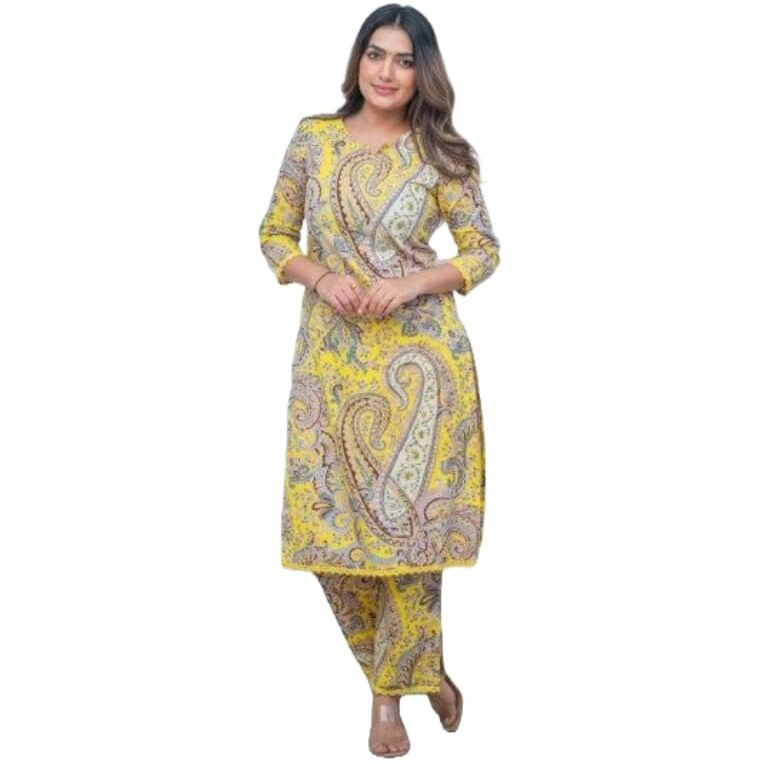 Gosriki Women's Rayon Viscose Straight Printed Kurta With Palazzo (Elevate Yellow-Gs_M_Yellow_Medium)