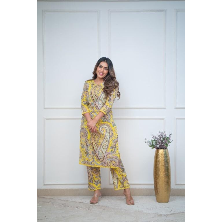 Gosriki Women's Rayon Viscose Straight Printed Kurta With Palazzo (Elevate Yellow-Gs_M_Yellow_Medium)