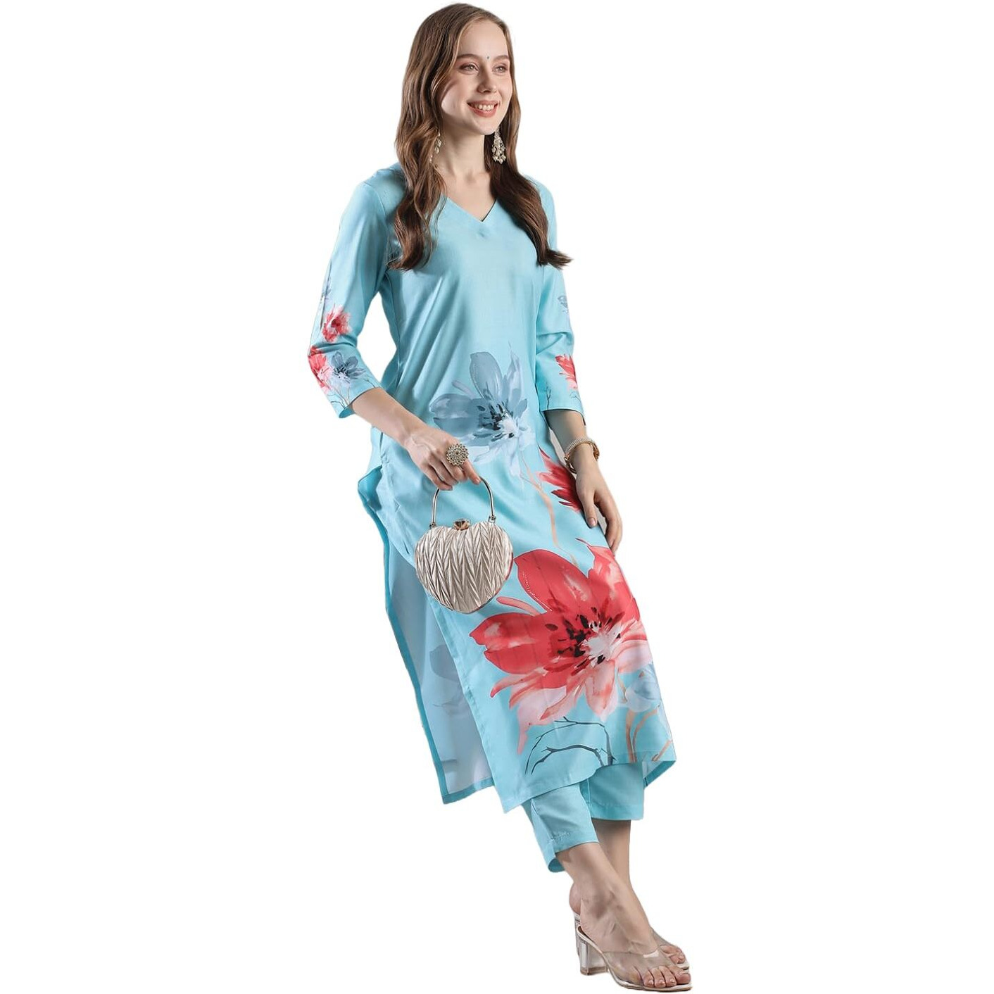 Gosriki Women's Rayon Blend Straight Printed Kurta With Pant (Susan Sky-Vks02-Gs_Xl_Sky Blue_X-Large)