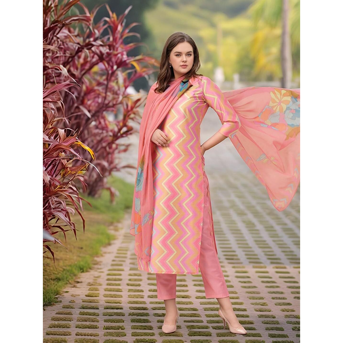 Gosriki Women's Rayon Viscose Straight Printed Kurta With Pant & Dupatta (Zaggu Pink-Vks02-Gs_Xxl_Pink_Xx-Large)