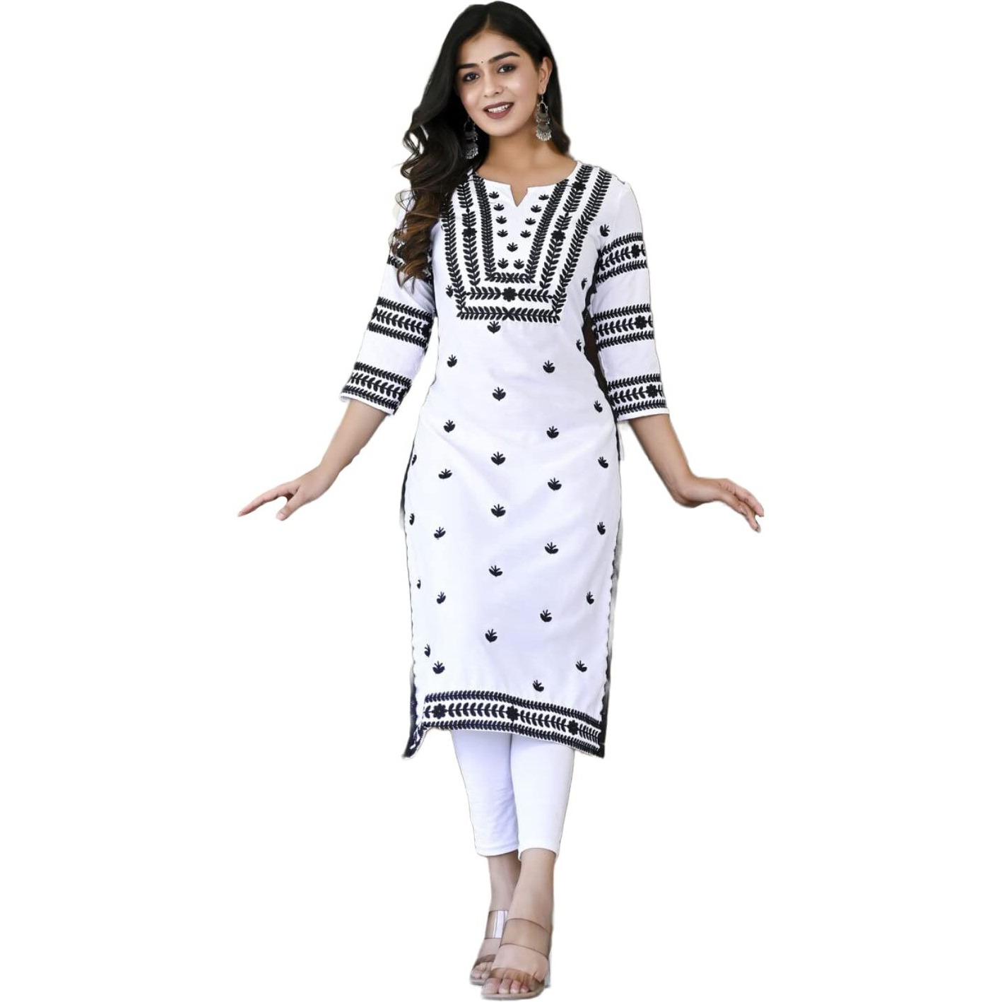 Gosriki Women's Cotton Blend Embroidered Straight Kurta (Stho-White-Cmd-Gs_M_White_Medium)
