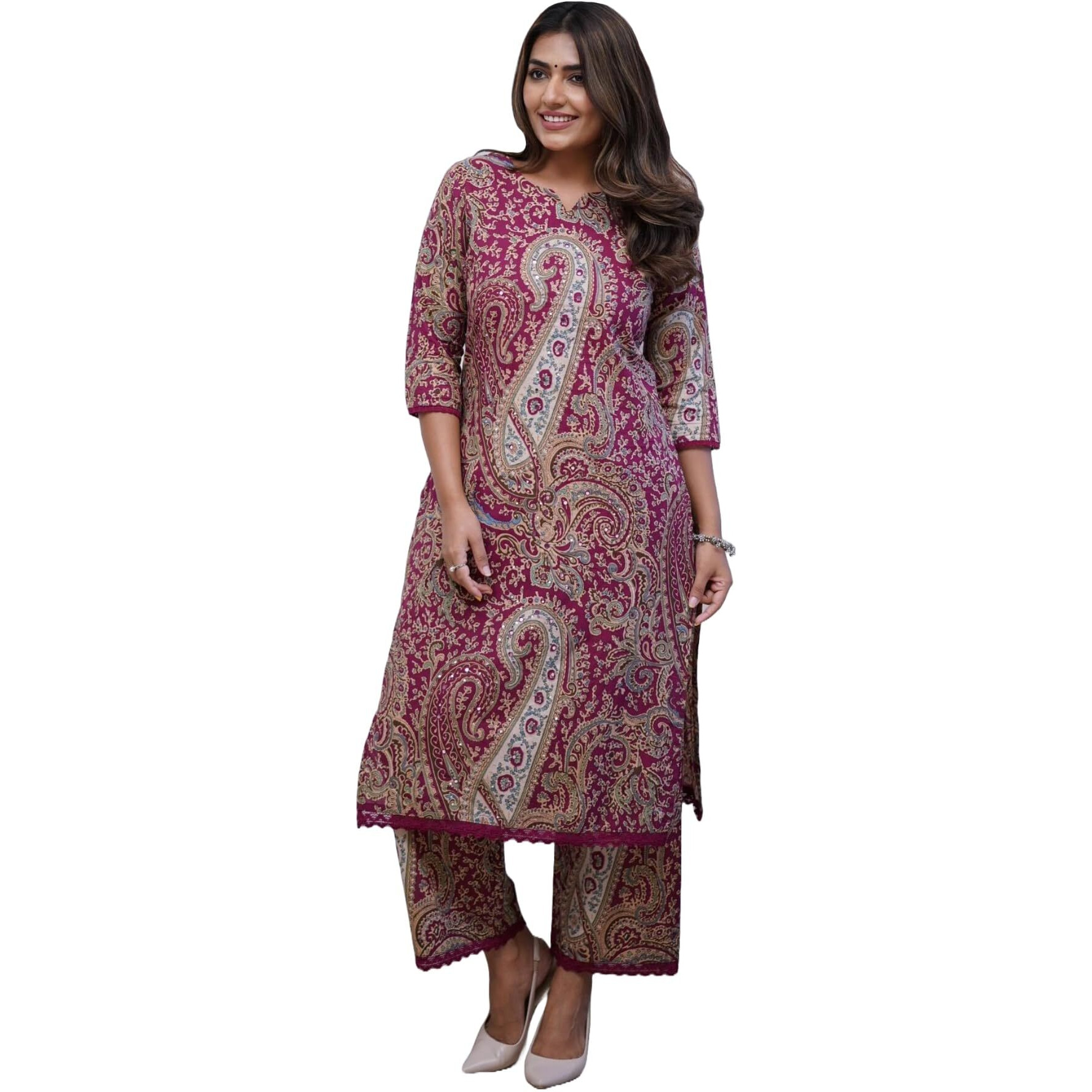 Gosriki Women's Rayon Viscose Straight Printed Kurta With Palazzo (Elevate Rani-Gs_M_Pink_Medium)
