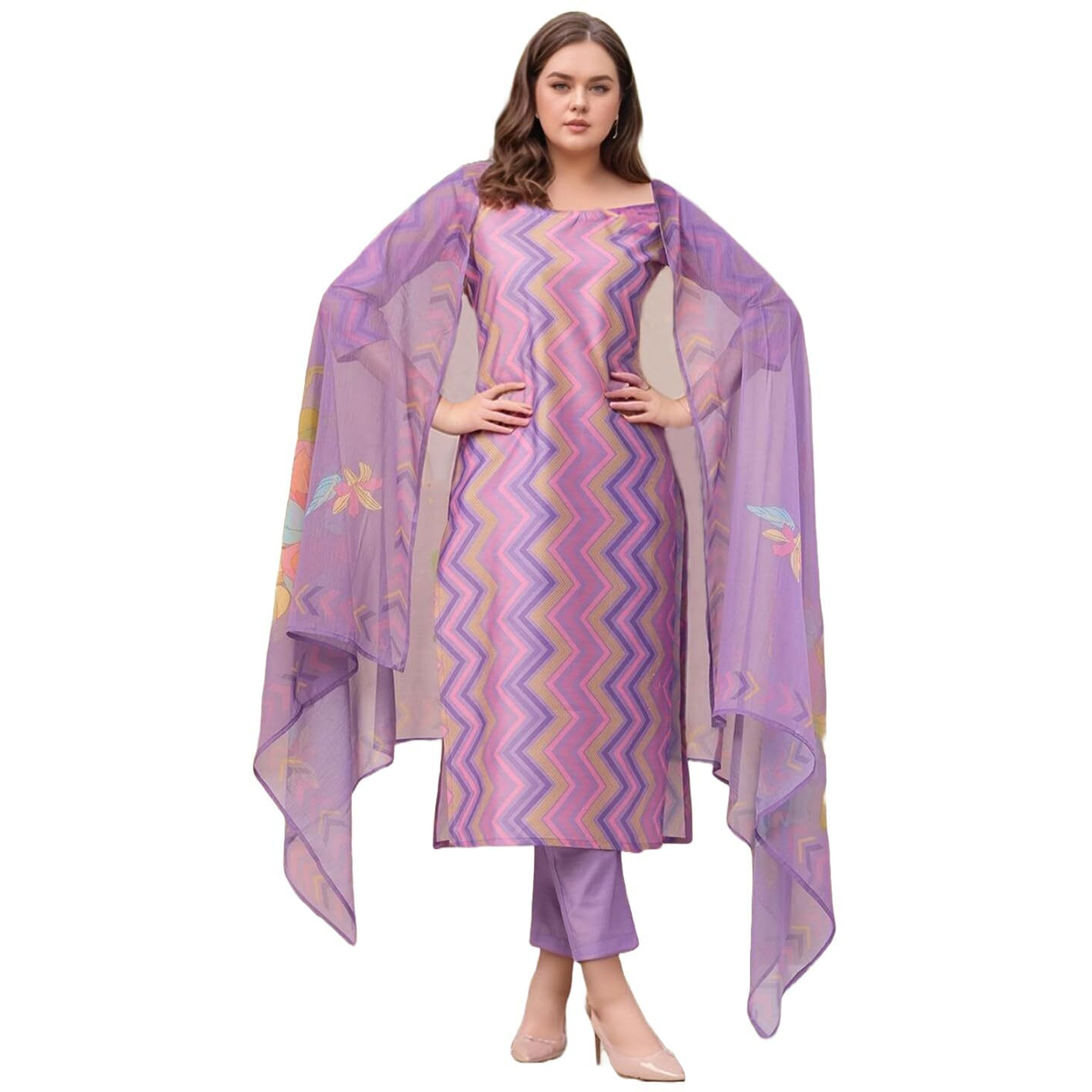 Gosriki Women's Rayon Viscose Straight Printed Kurta With Pant & Dupatta (Zaggu Purple-Vks02-Gs_Xl_Purple_X-Large)