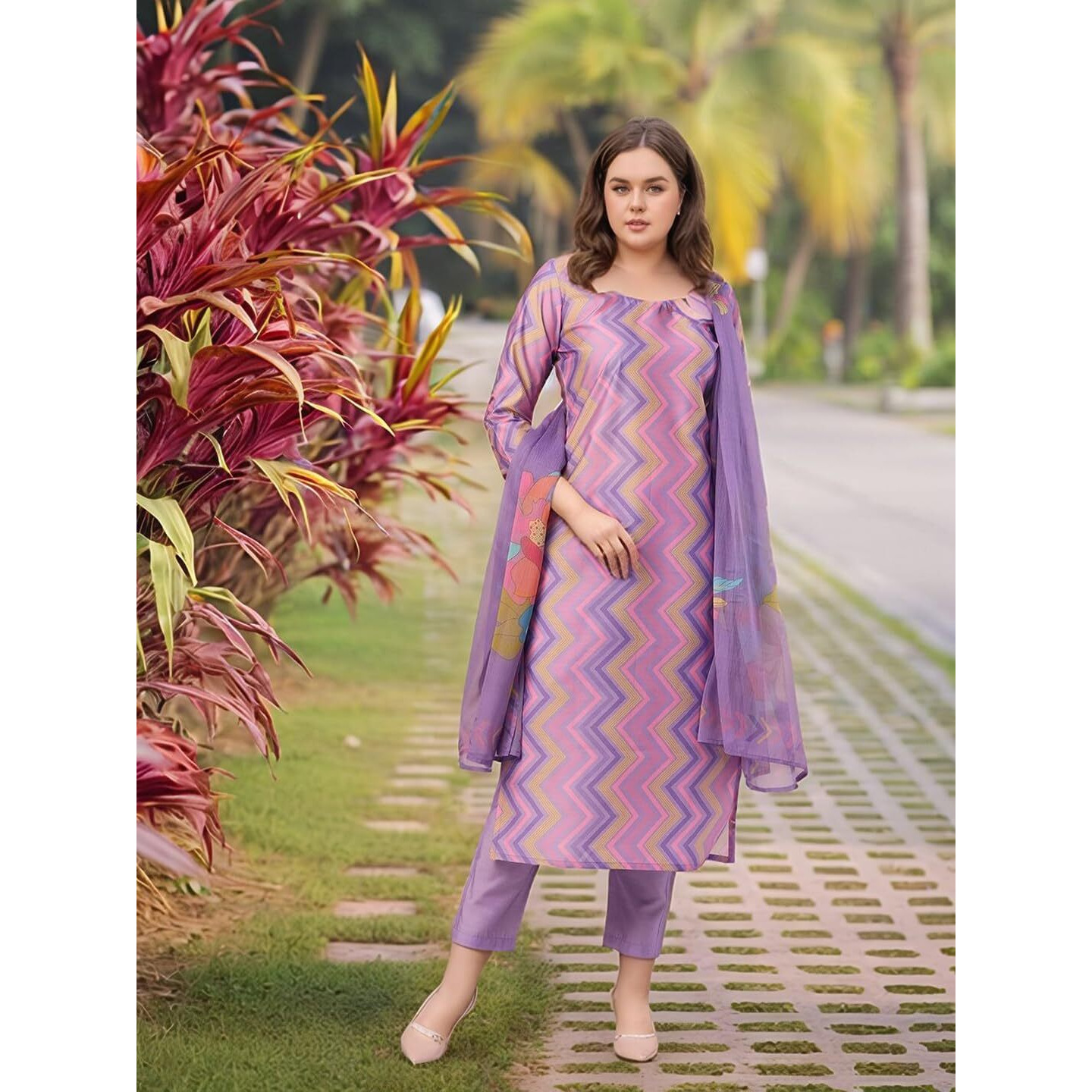 Gosriki Women's Rayon Viscose Straight Printed Kurta With Pant & Dupatta (Zaggu Purple-Vks02-Gs_Xl_Purple_X-Large)