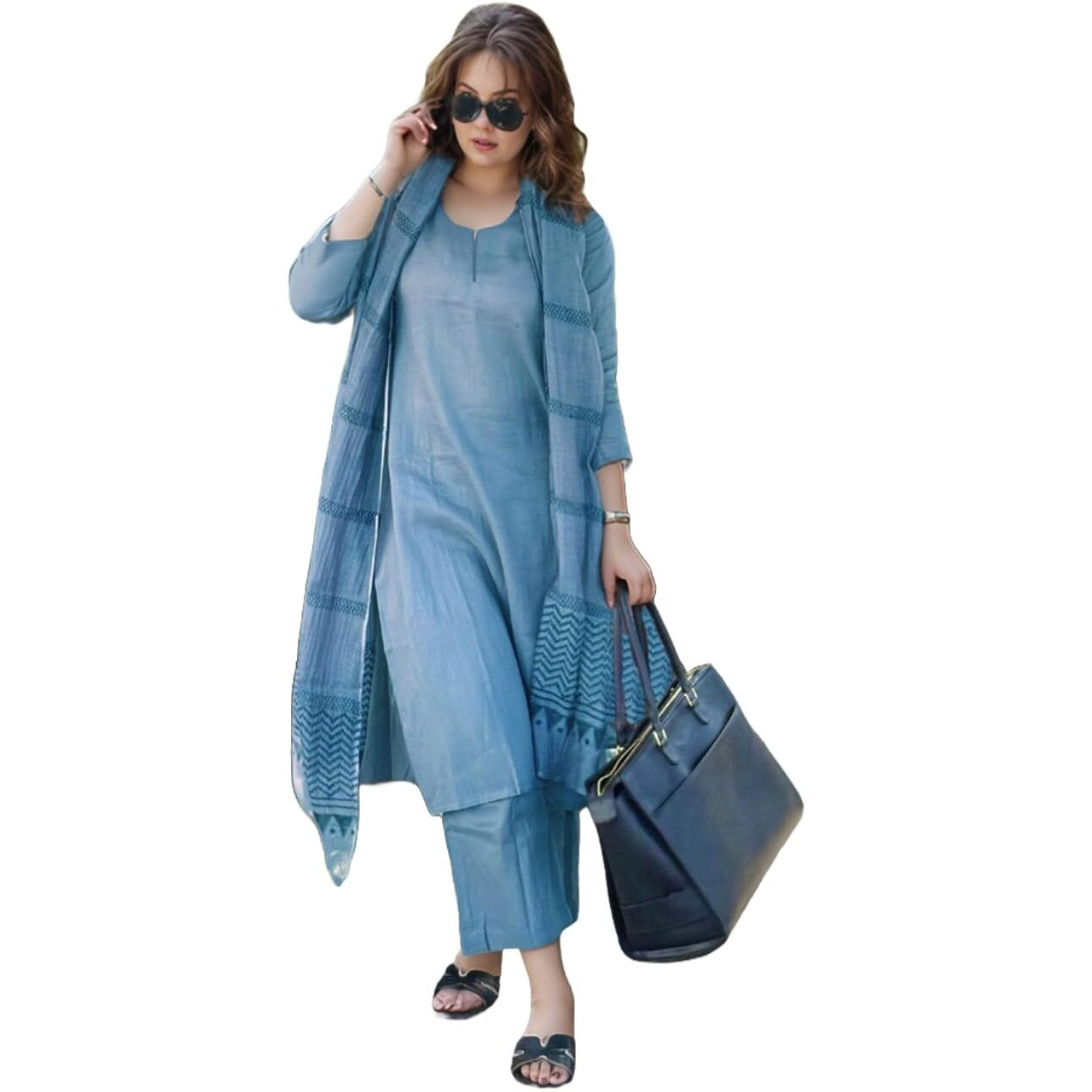 Gosriki Women's Rayon Blend Solid Straight Kurta With Pant & Dupatta (Raja Saab Light Blue-Vks12-Gs_Xxl_Light Blue_Xx-Large)