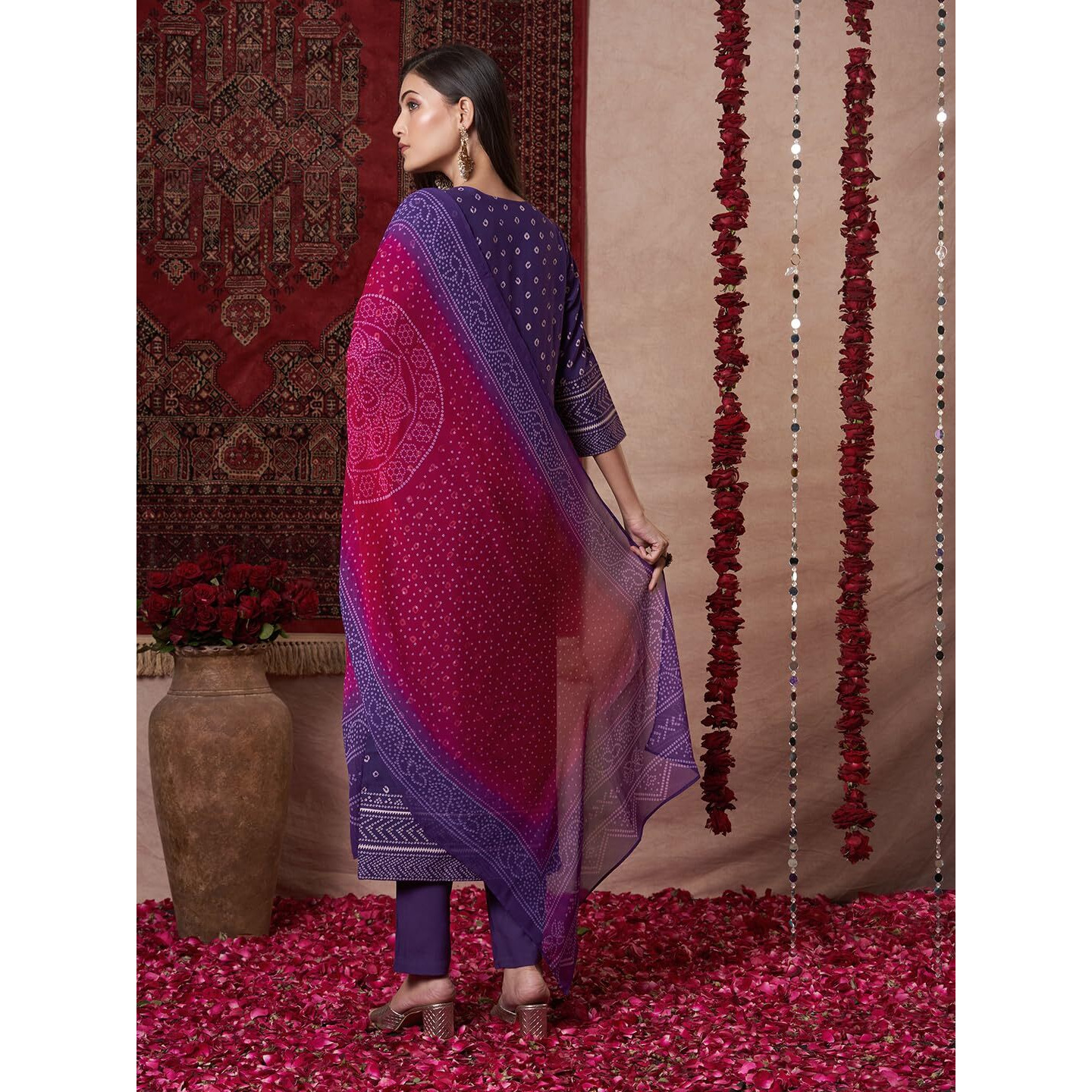Gosriki Women's Rayon Viscose Printed Straight Kurta With Pant & Dupatta (Subhi Begani-Vks05-Gs_Xl_Begani_X-Large)