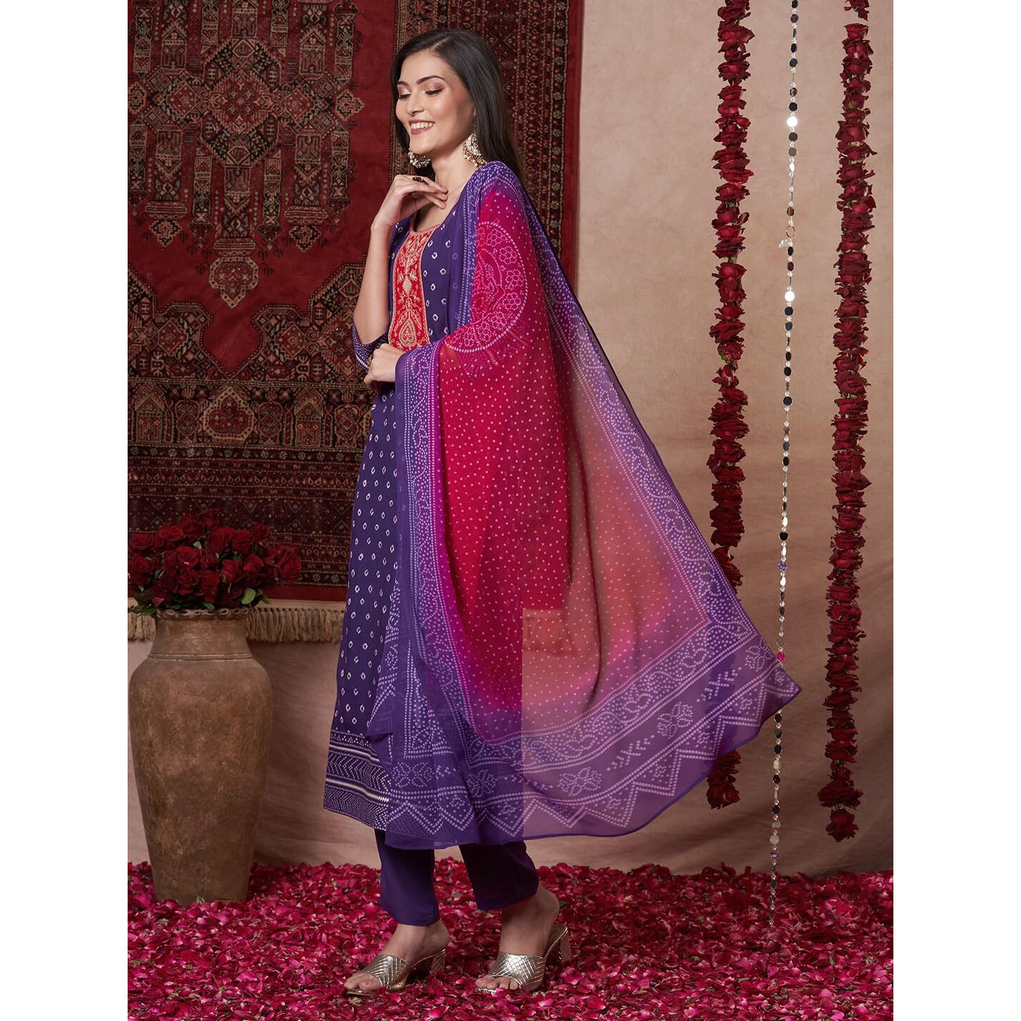 Gosriki Women's Rayon Viscose Printed Straight Kurta With Pant & Dupatta (Subhi Begani-Vks05-Gs_Xl_Begani_X-Large)