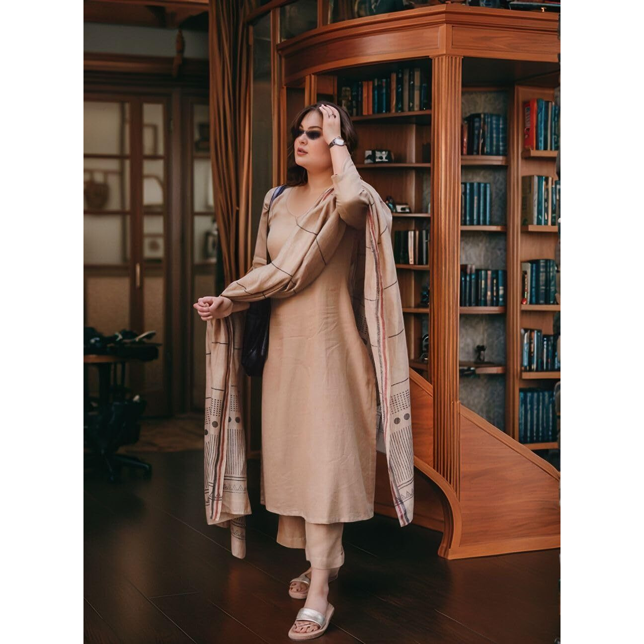 Gosriki Women's Rayon Blend Solid Straight Kurta With Pant & Dupatta (Raja Saab Beige-Vks12-Gs_S_Beige_Small)