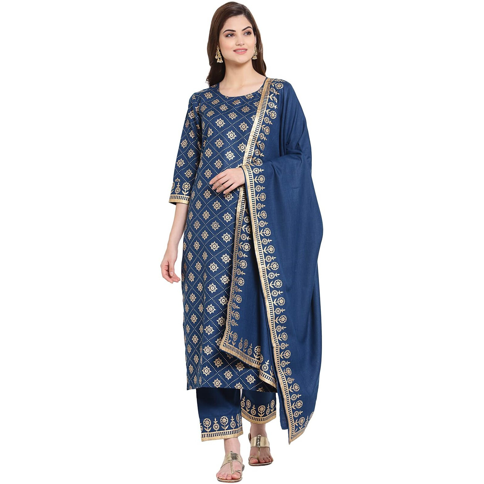 Gosriki Women's Cotton Blend Kurta With Palazzo & Dupatta (Kpzd-Cot-10001-Dark Blue_M-Go_Dark Blue_Medium)