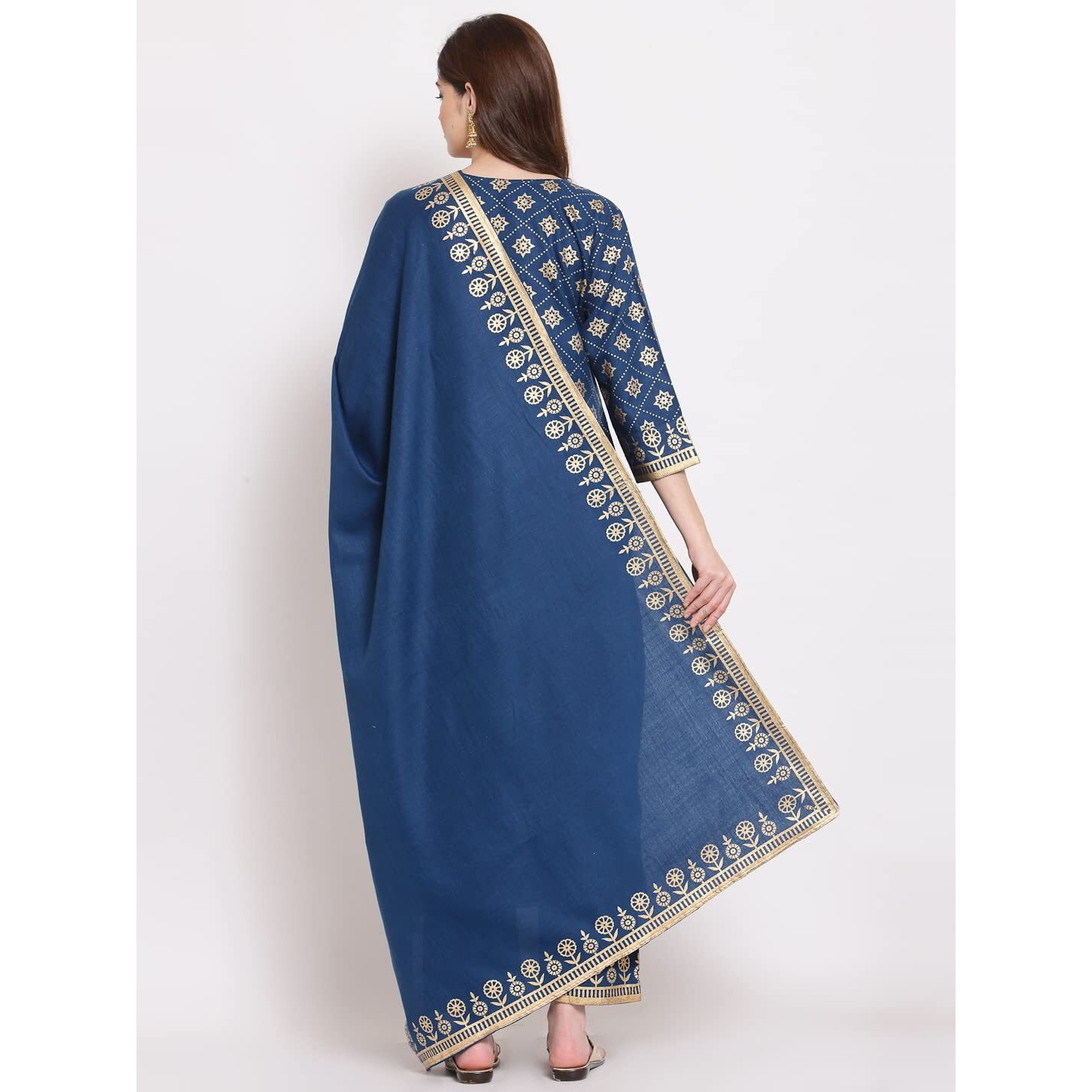 Gosriki Women's Cotton Blend Kurta With Palazzo & Dupatta (Kpzd-Cot-10001-Dark Blue_M-Go_Dark Blue_Medium)