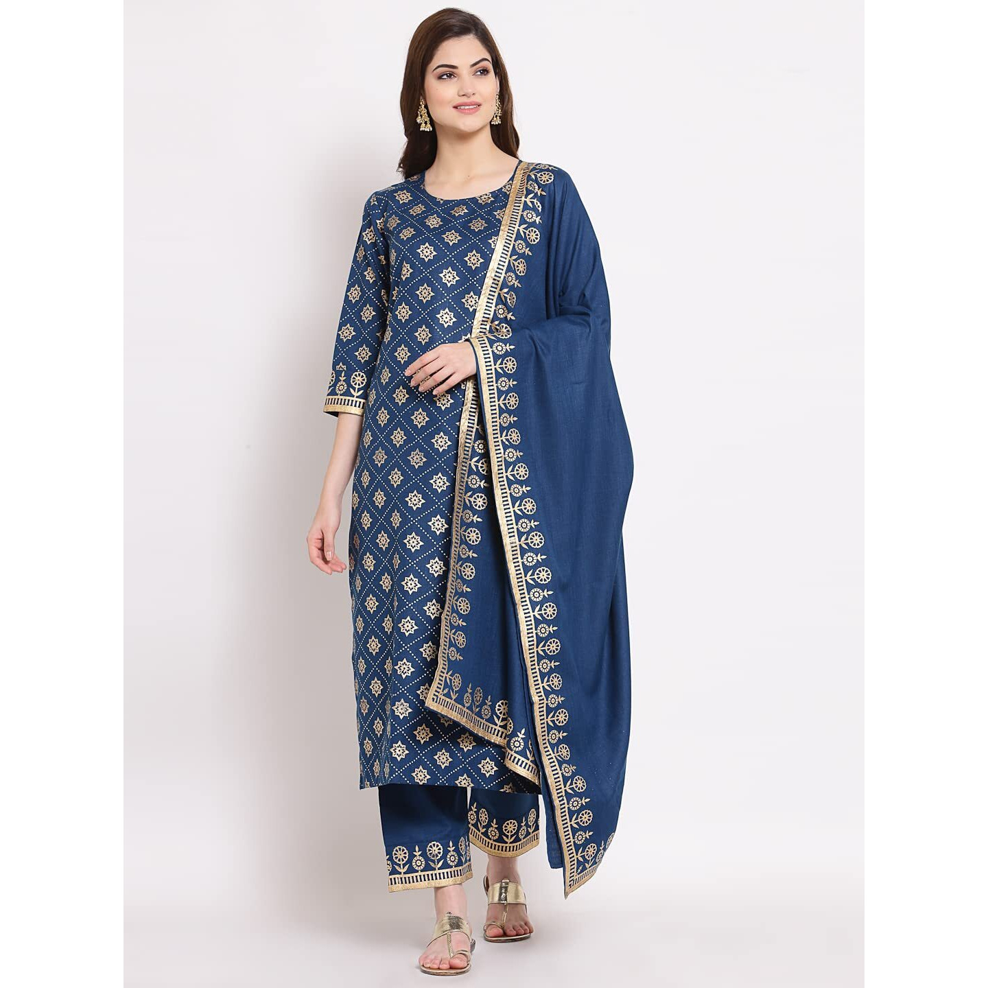 Gosriki Women's Cotton Blend Kurta With Palazzo & Dupatta (Kpzd-Cot-10001-Dark Blue_M-Go_Dark Blue_Medium)