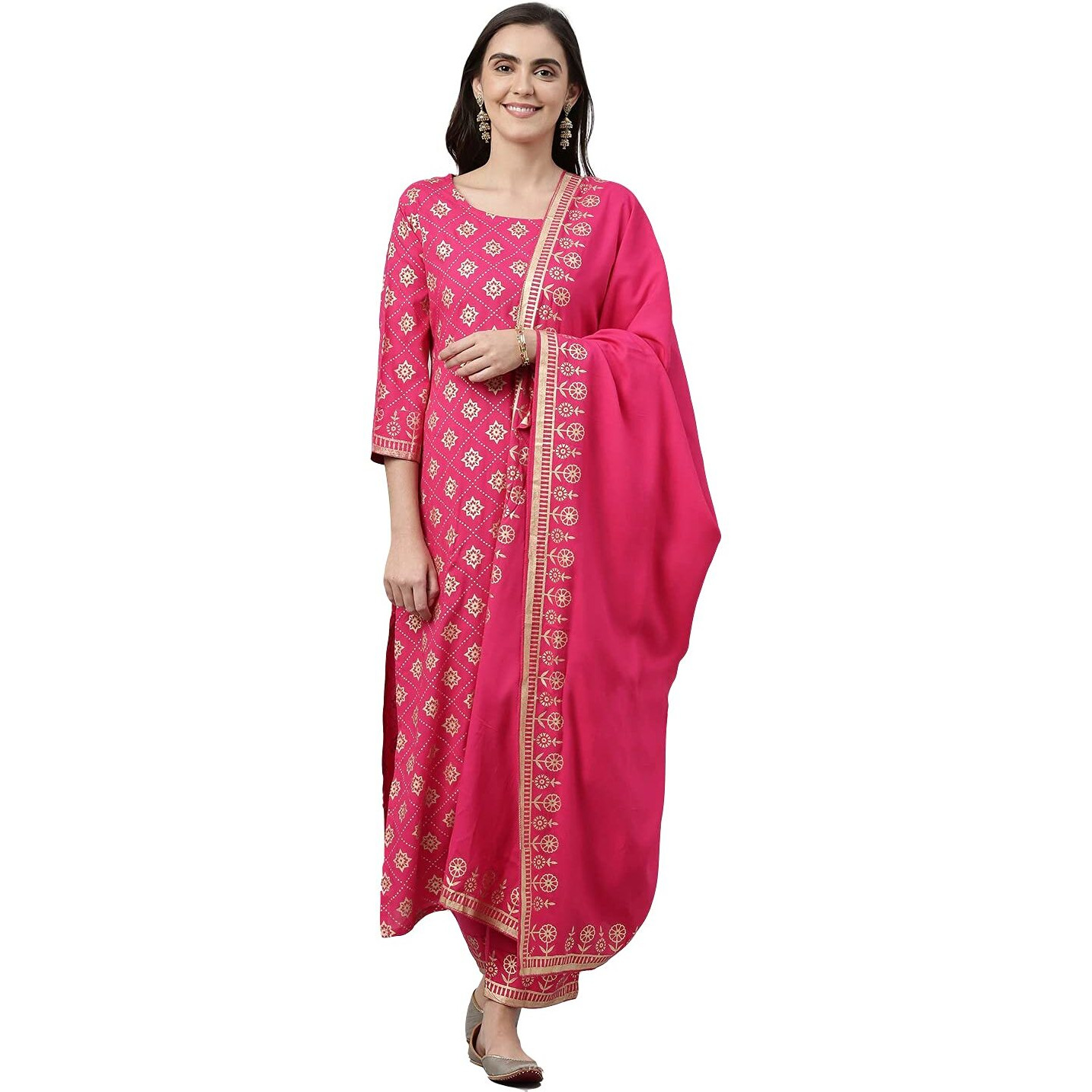 Gosriki Women's Cotton Blend Kurta With Palazzo & Dupatta (Woo-Pink_M_Pink_Medium)