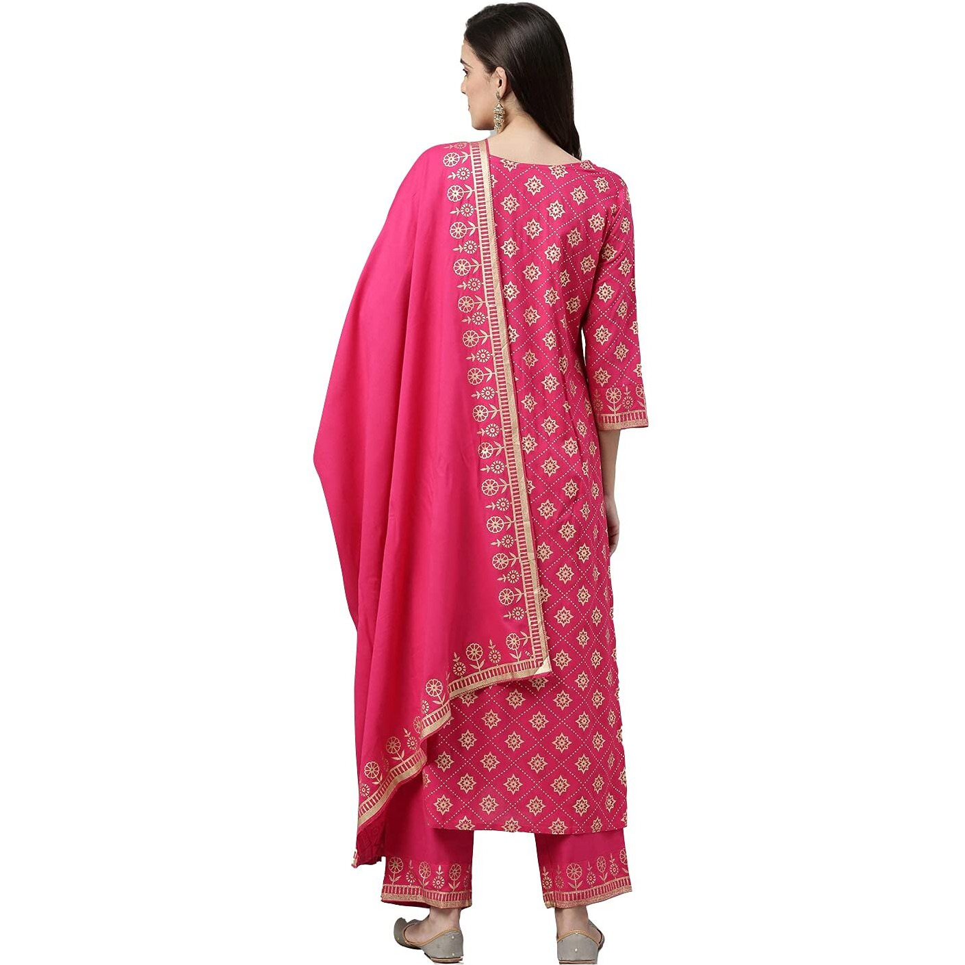 Gosriki Women's Cotton Blend Kurta With Palazzo & Dupatta (Woo-Pink_M_Pink_Medium)