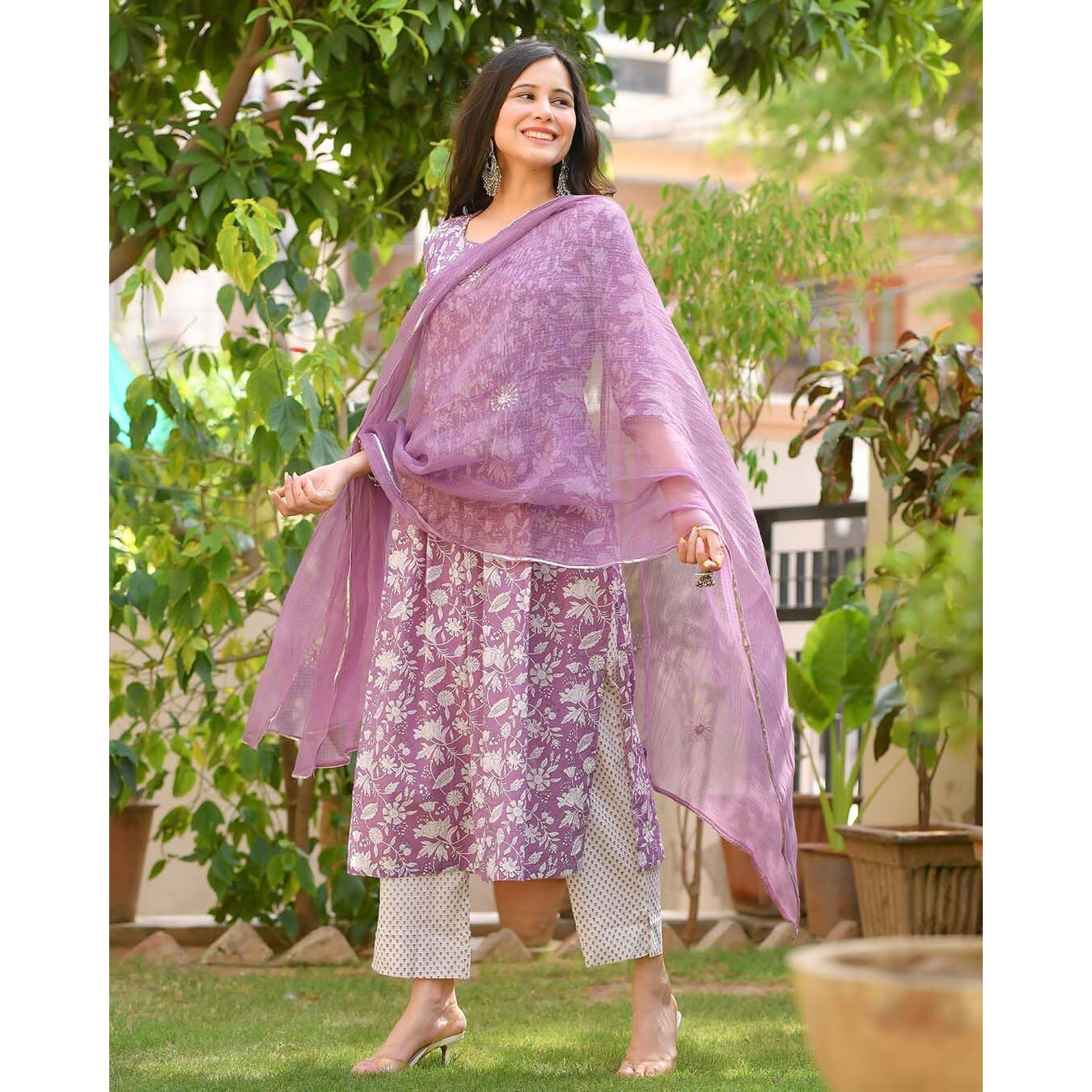 Gosriki Women's Cotton Blend Straight Printed Kurta With Pant & Dupatta (Mei Purple-Gs_M_Purple_Medium)