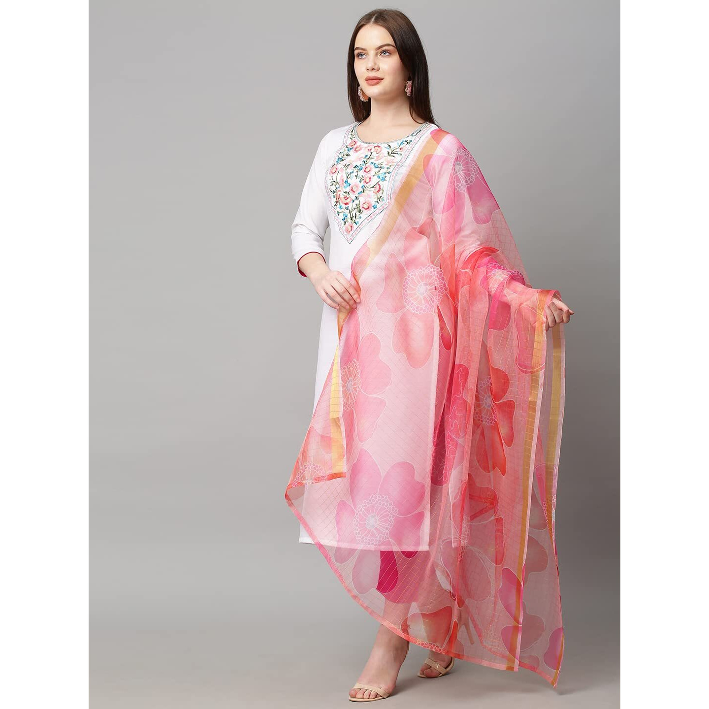 Gosriki Women's Cotton Blend Solid Straight Kurta With Pant & With Dupatta (Chora Wp_White_3Xl-Gs_White_Xxx-Large)