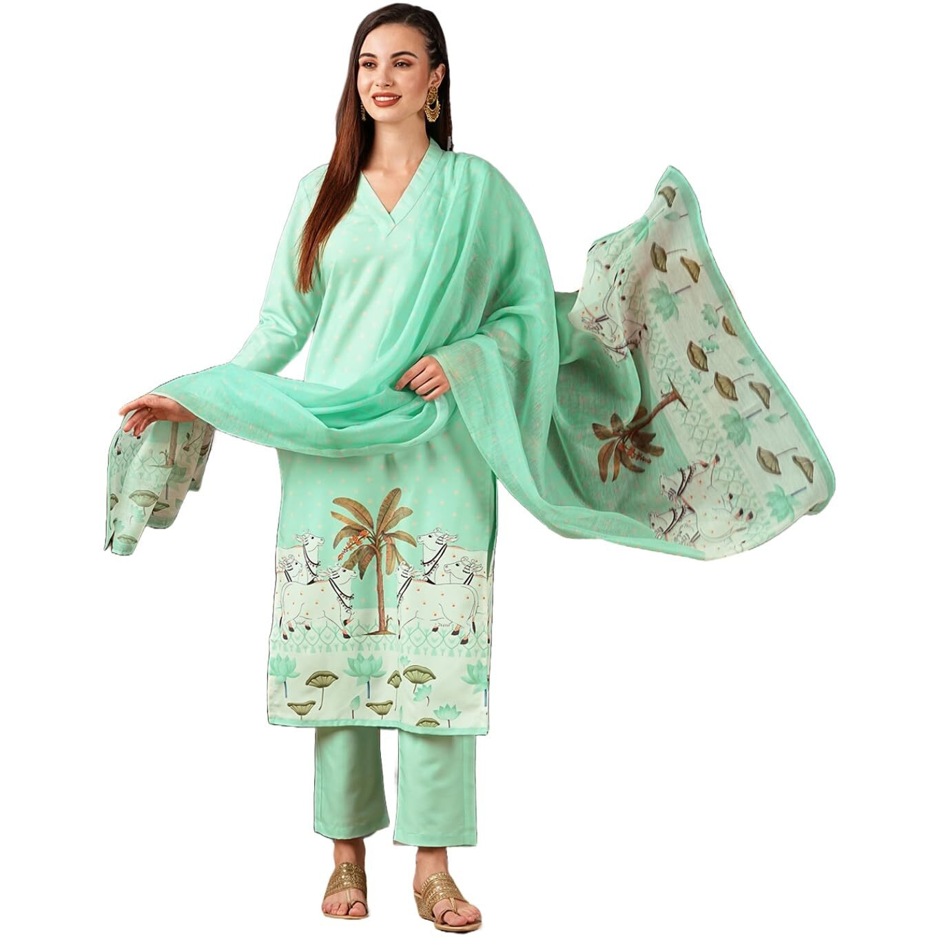 Gosriki Women's Cotton Blend Straight Printed Kurta With Pant & Dupatta (Gosala See Green-Gs_M_See Green_Medium)