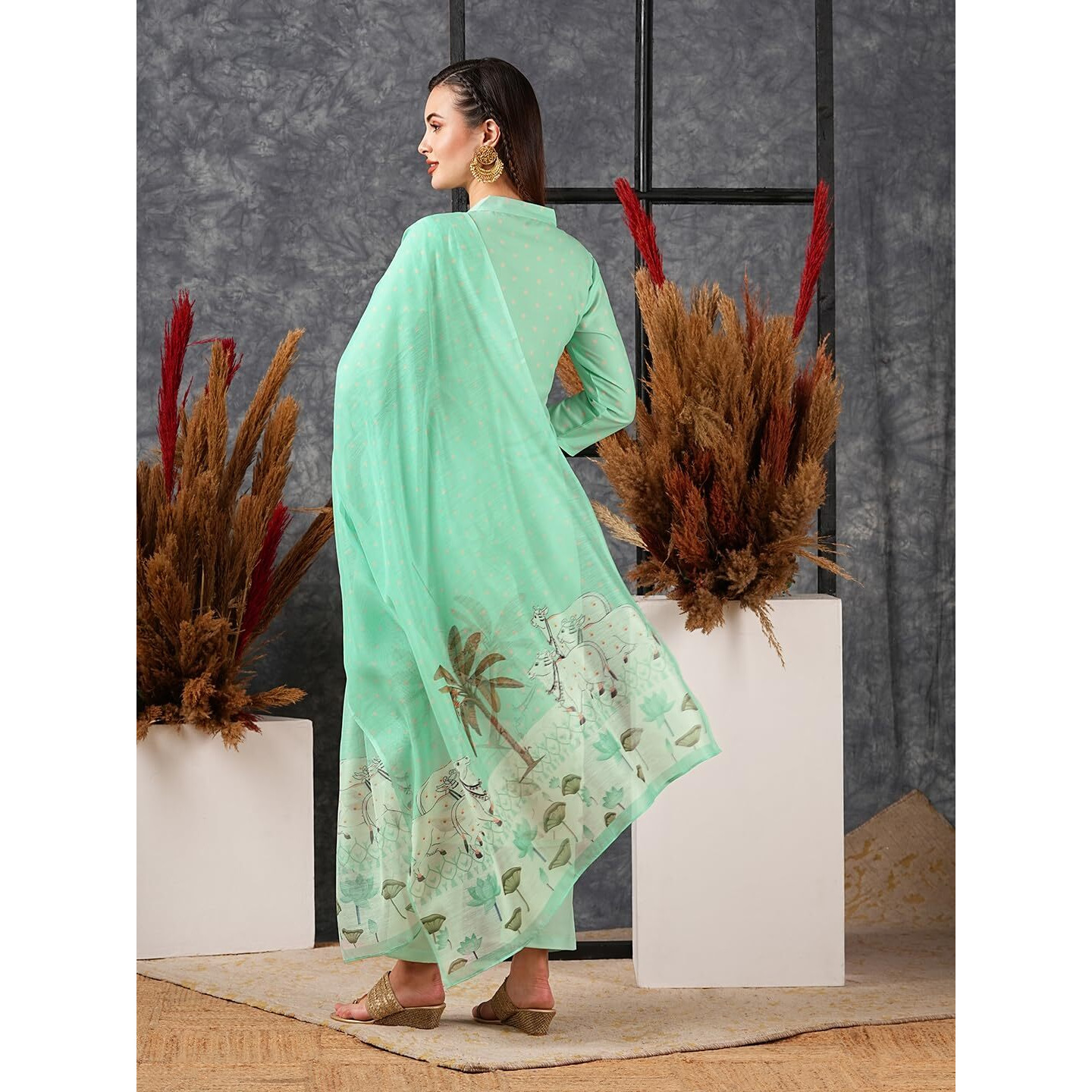 Gosriki Women's Cotton Blend Straight Printed Kurta With Pant & Dupatta (Gosala See Green-Gs_M_See Green_Medium)