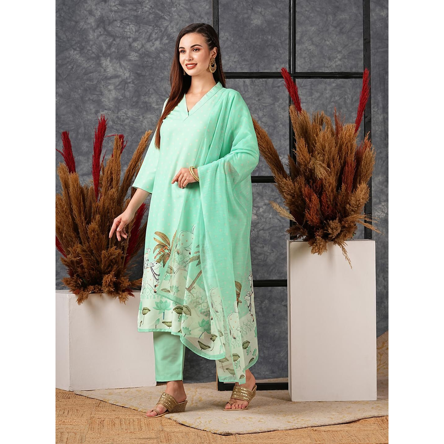 Gosriki Women's Cotton Blend Straight Printed Kurta With Pant & Dupatta (Gosala See Green-Gs_M_See Green_Medium)