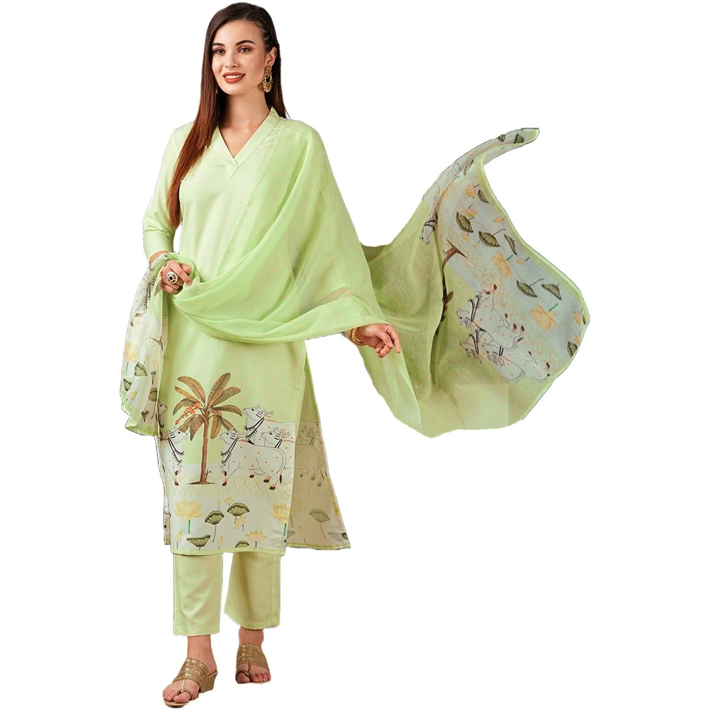 Gosriki Women's Cotton Blend Straight Printed Kurta With Pant & Dupatta (Gosala Pista-Gs_S_Pista_Small)