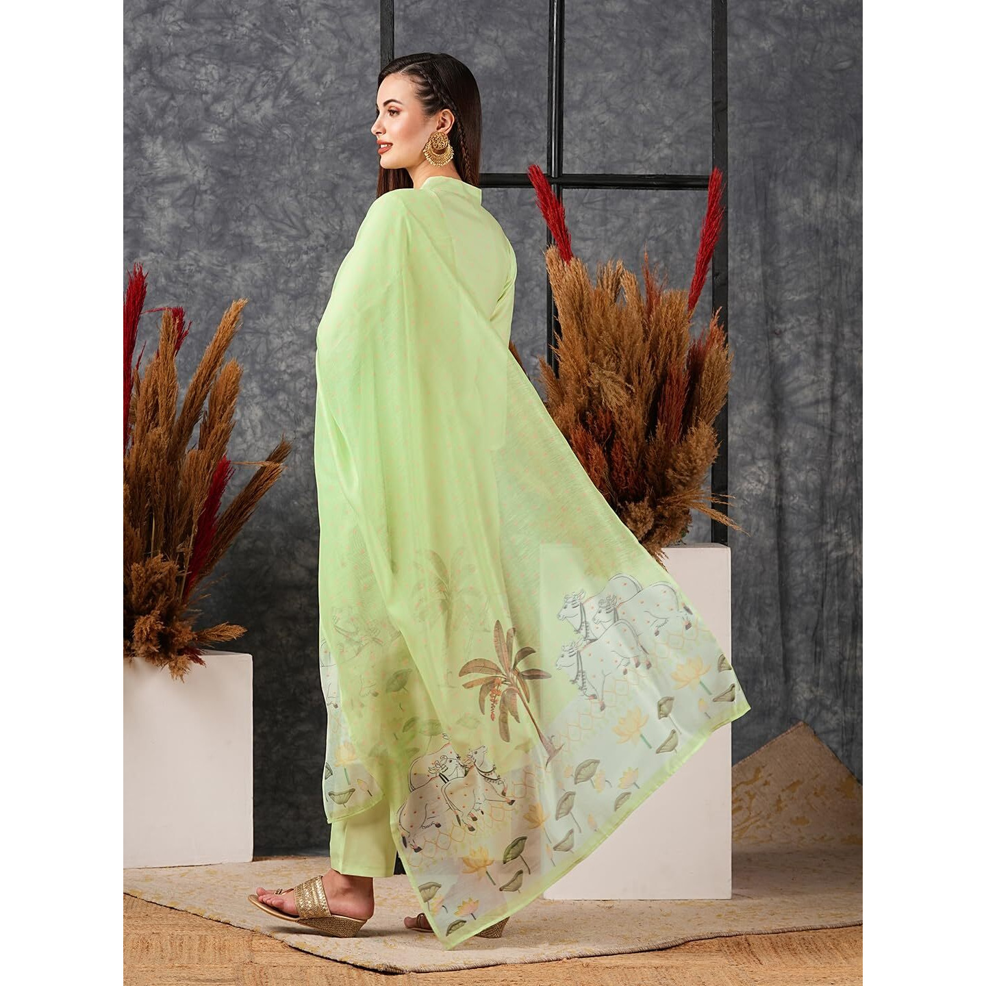 Gosriki Women's Cotton Blend Straight Printed Kurta With Pant & Dupatta (Gosala Pista-Gs_S_Pista_Small)