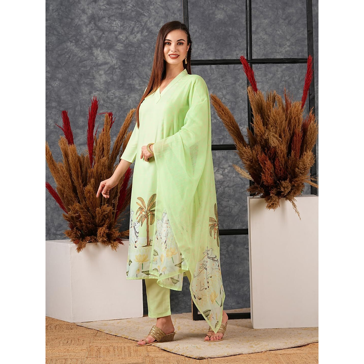 Gosriki Women's Cotton Blend Straight Printed Kurta With Pant & Dupatta (Gosala Pista-Gs_S_Pista_Small)