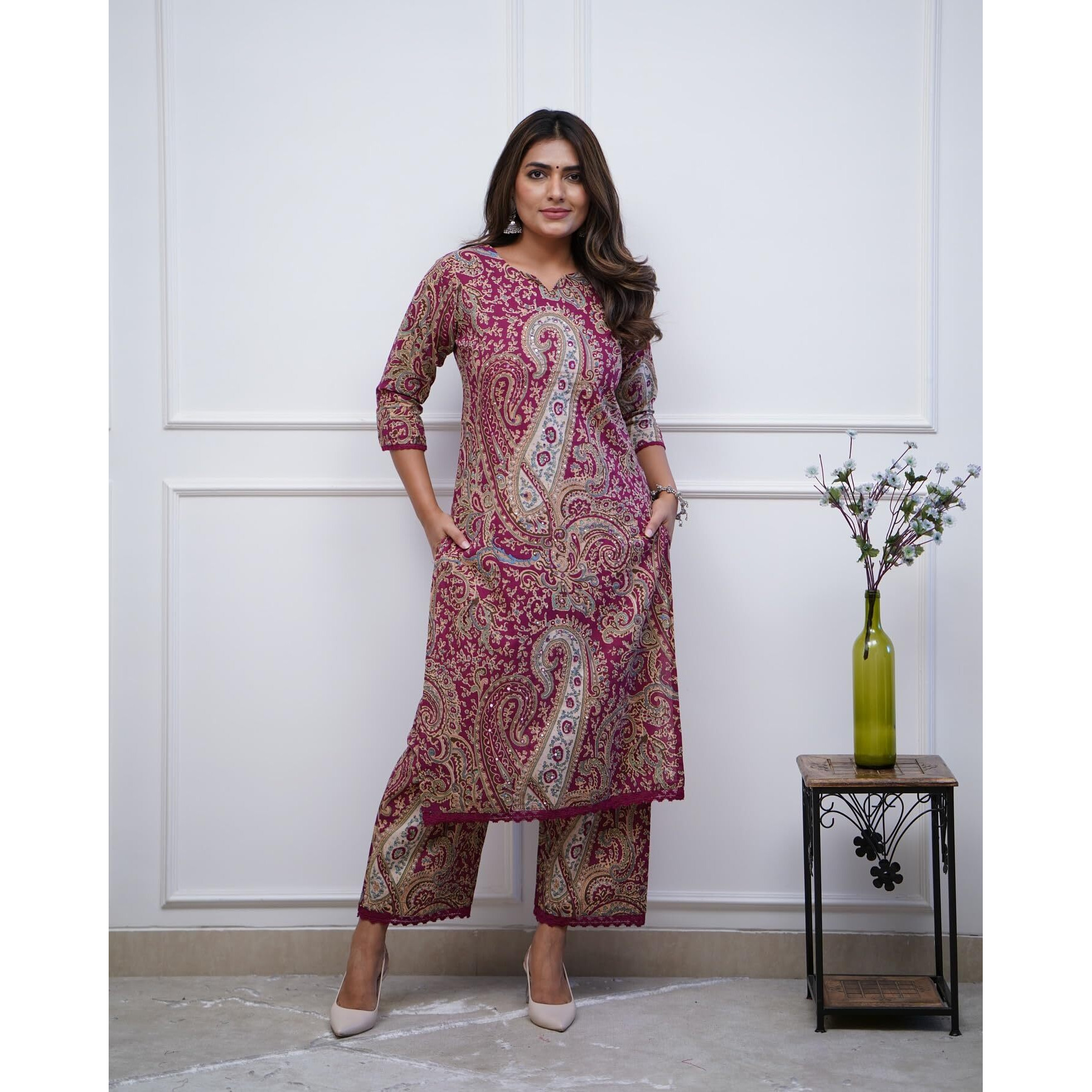 Gosriki Women's Rayon Viscose Straight Printed Kurta With Palazzo (Elevate Rani-Gs_3Xl_Pink_Xxx-Large)