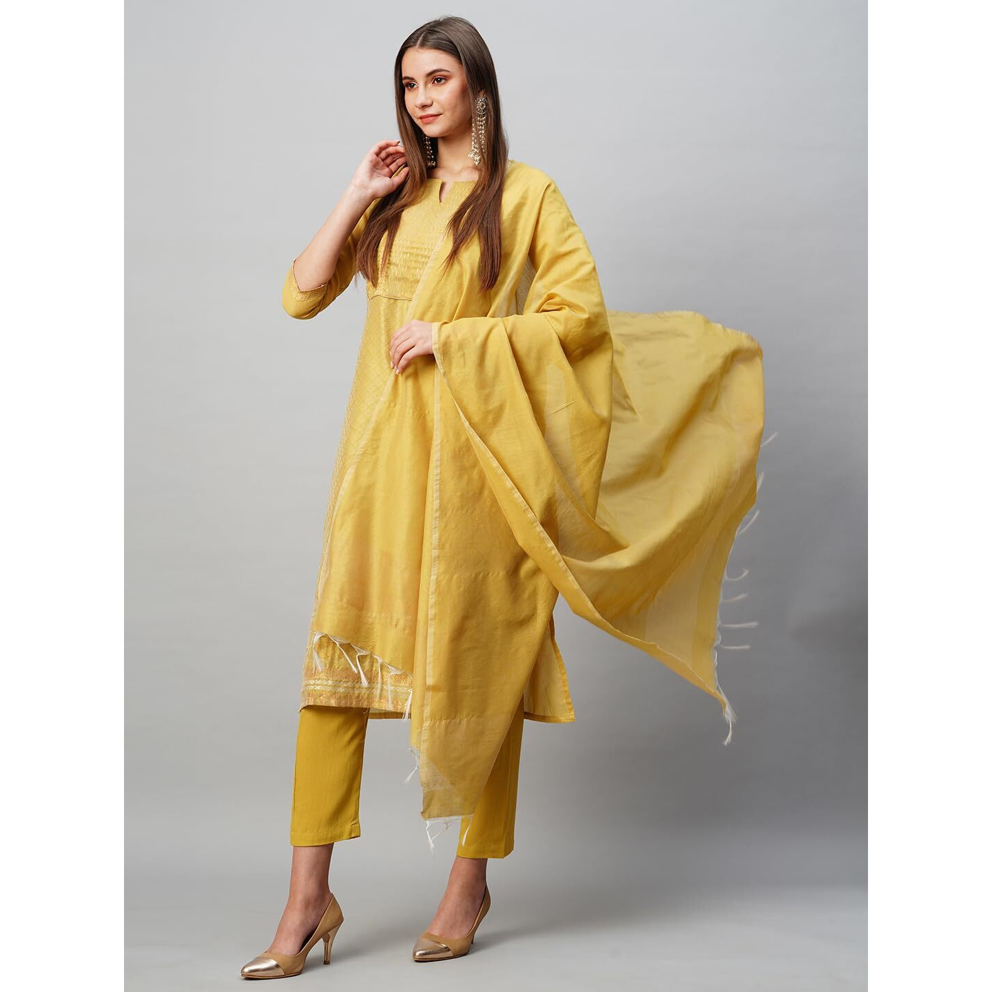 Gosriki Women's Cotton Blend Printed Straight Kurta With Pant & Dupatta (Date-Mustard-Gs_Xl_Mustard_X-Large)