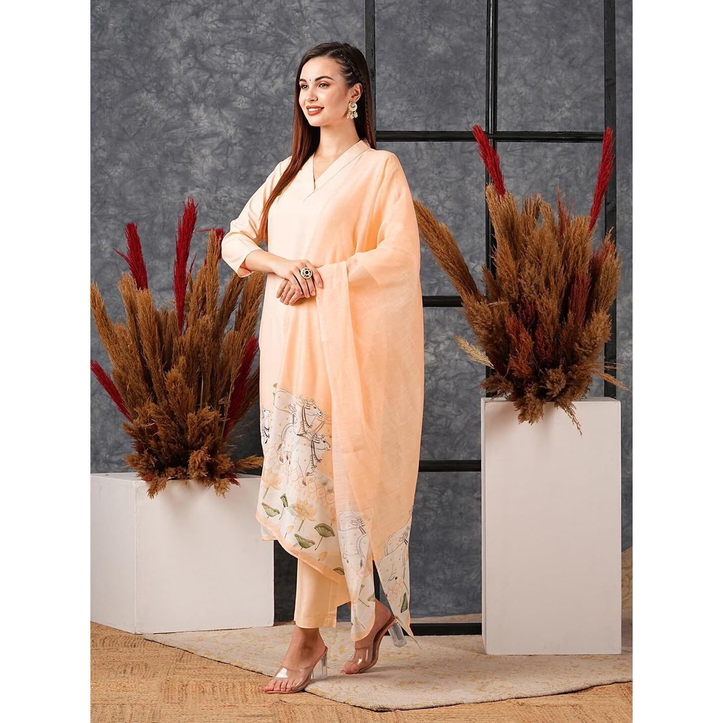 Gosriki Women's Cotton Blend Straight Printed Kurta With Pant & Dupatta (Gosala Peach-Gs_L_Peach_Large)