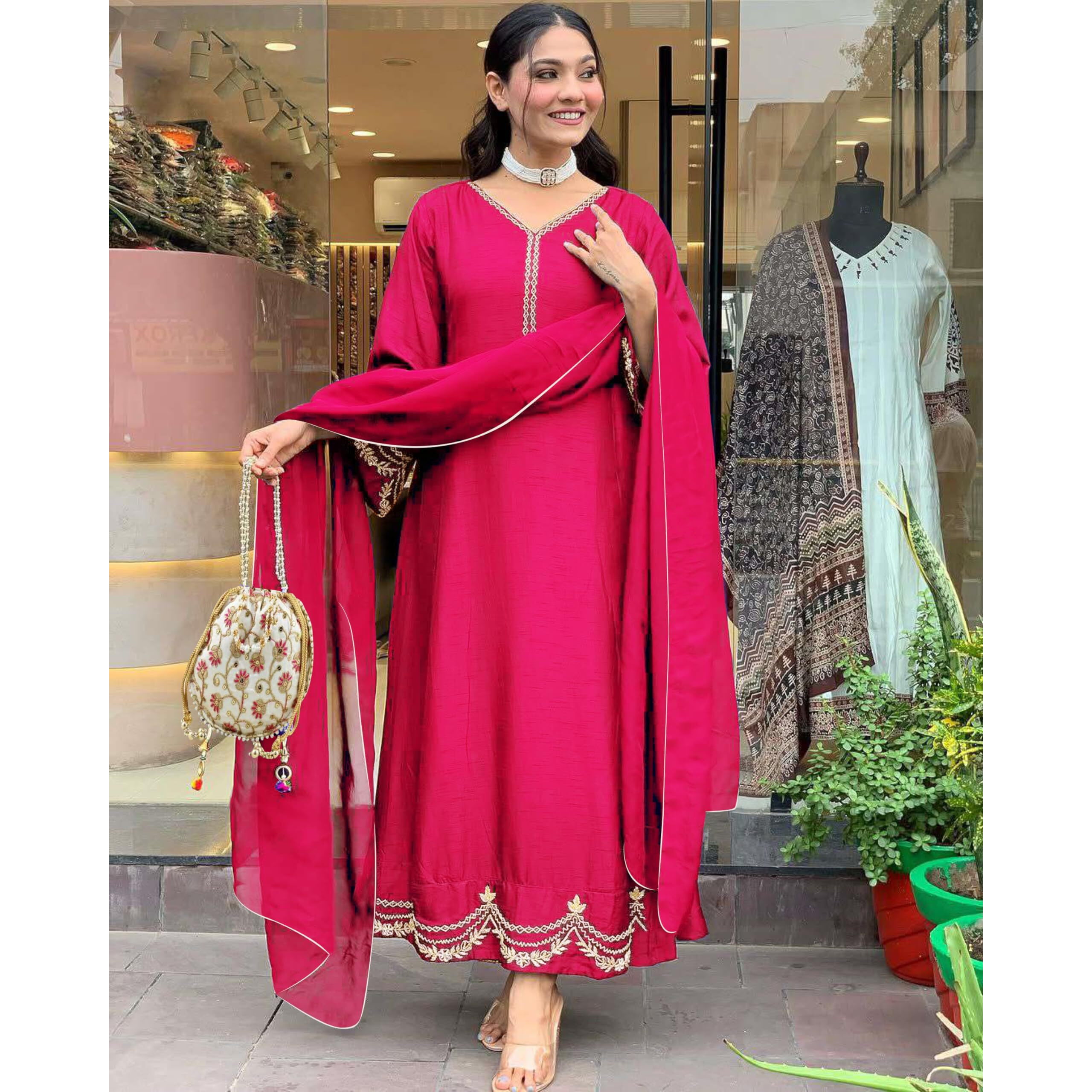 Gosriki Women's Rayon Viscose Anarkali Embroidered Kurta With Pant & Dupatta (Ranibai Pink-Gs_S_Pink_Small)