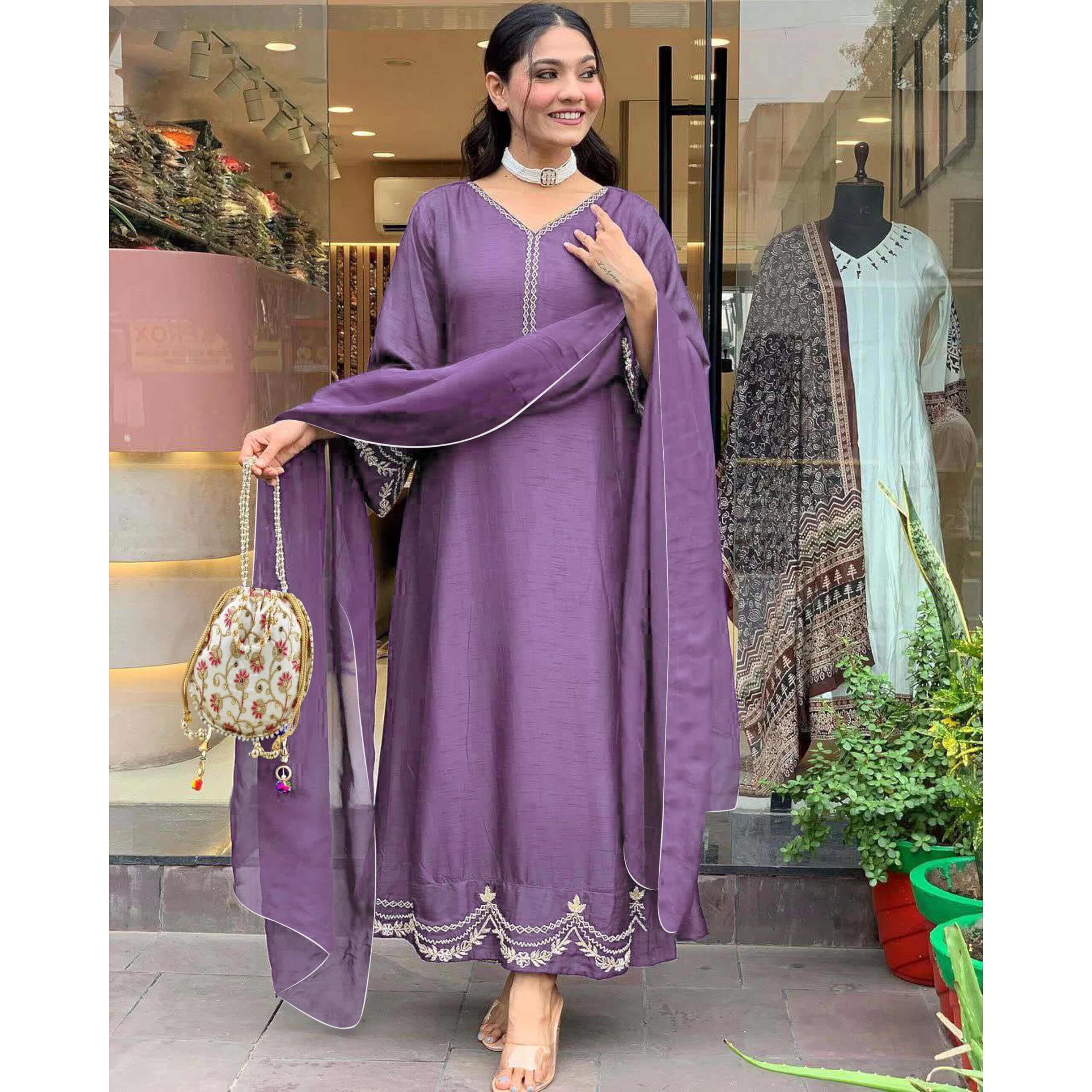 Gosriki Women's Rayon Viscose Anarkali Embroidered Kurta With Pant & Dupatta (Ranibai Purple-Gs_M_Purple_Medium)