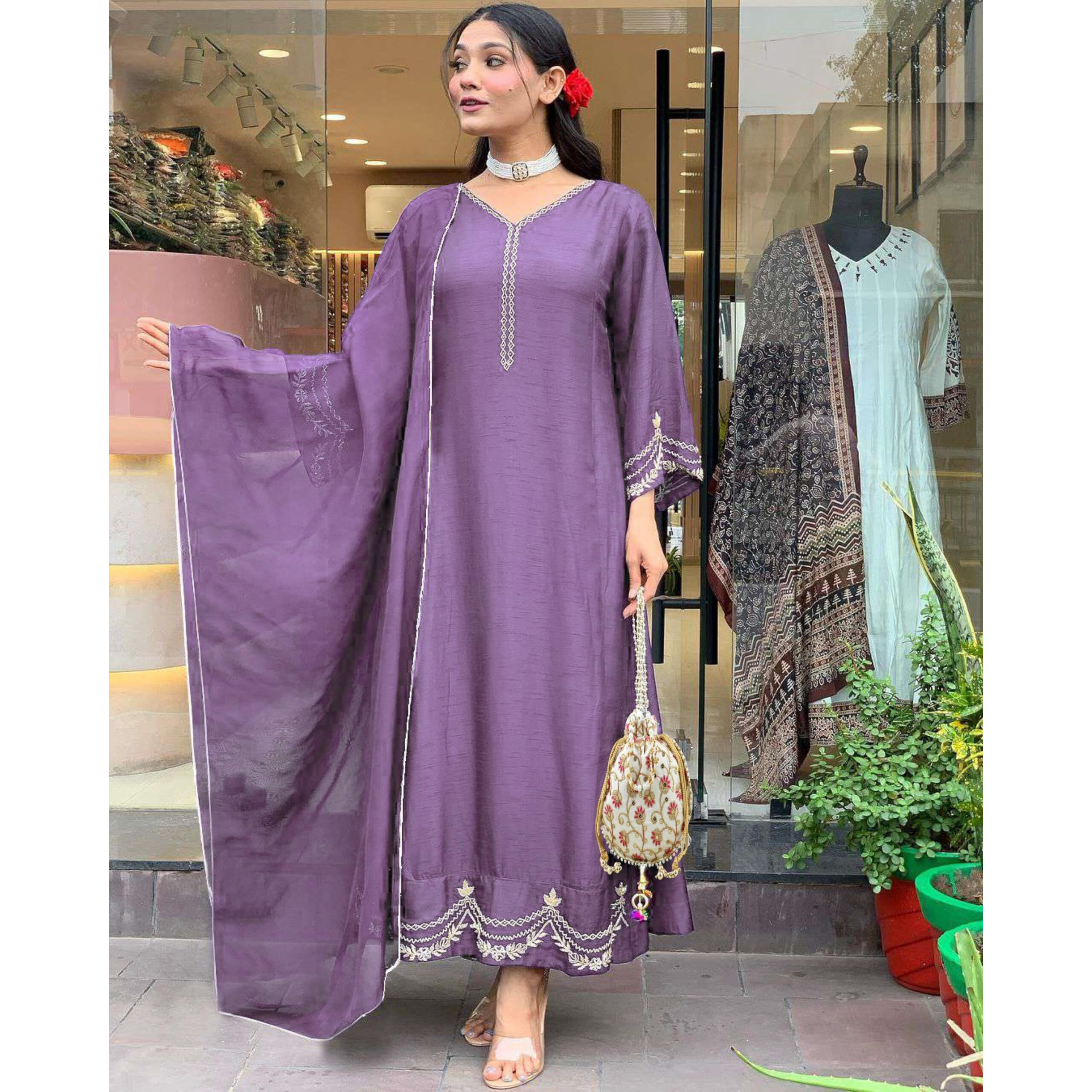 Gosriki Women's Rayon Viscose Anarkali Embroidered Kurta With Pant & Dupatta (Ranibai Purple-Gs_M_Purple_Medium)