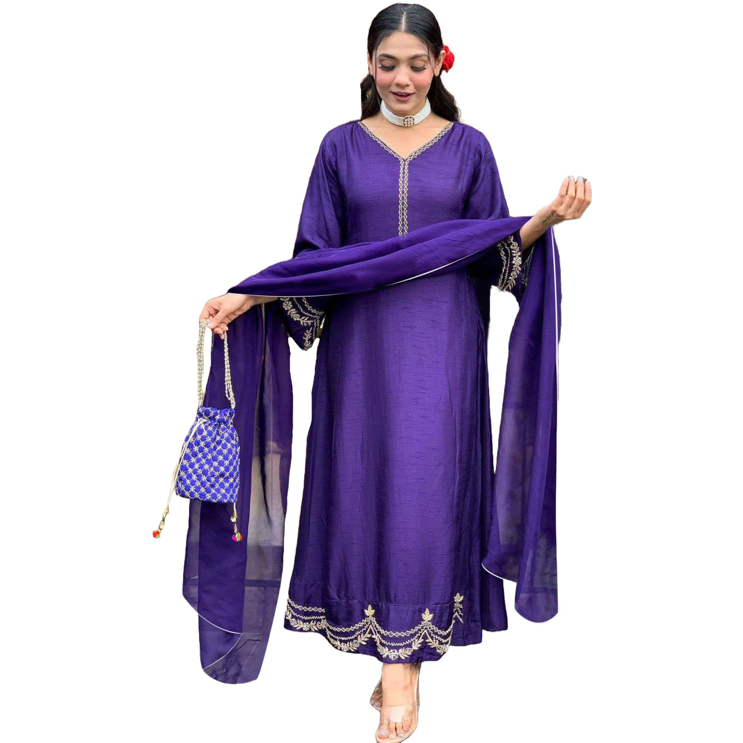 Gosriki Women's Rayon Blend Anarkali Embroidered Kurta With Pant & Dupatta (Ranibai Blue-Gs_Xxl_Blue_Xx-Large)