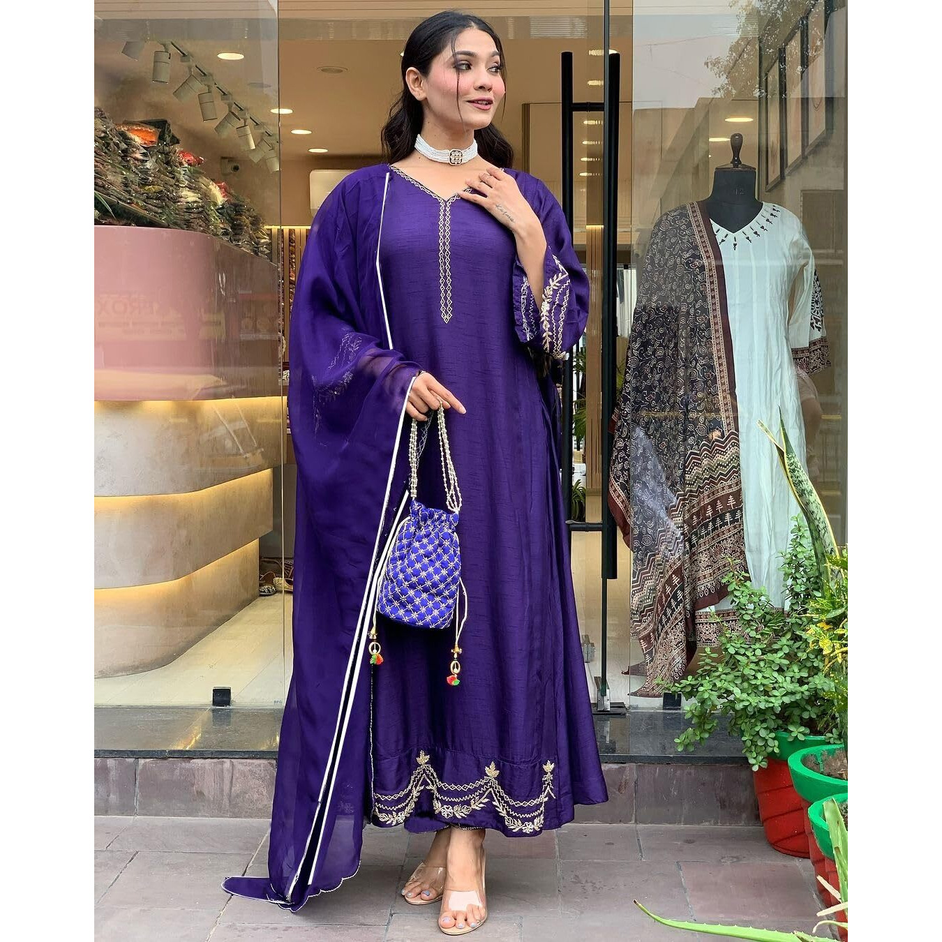 Gosriki Women's Rayon Blend Anarkali Embroidered Kurta With Pant & Dupatta (Ranibai Blue-Gs_Xxl_Blue_Xx-Large)