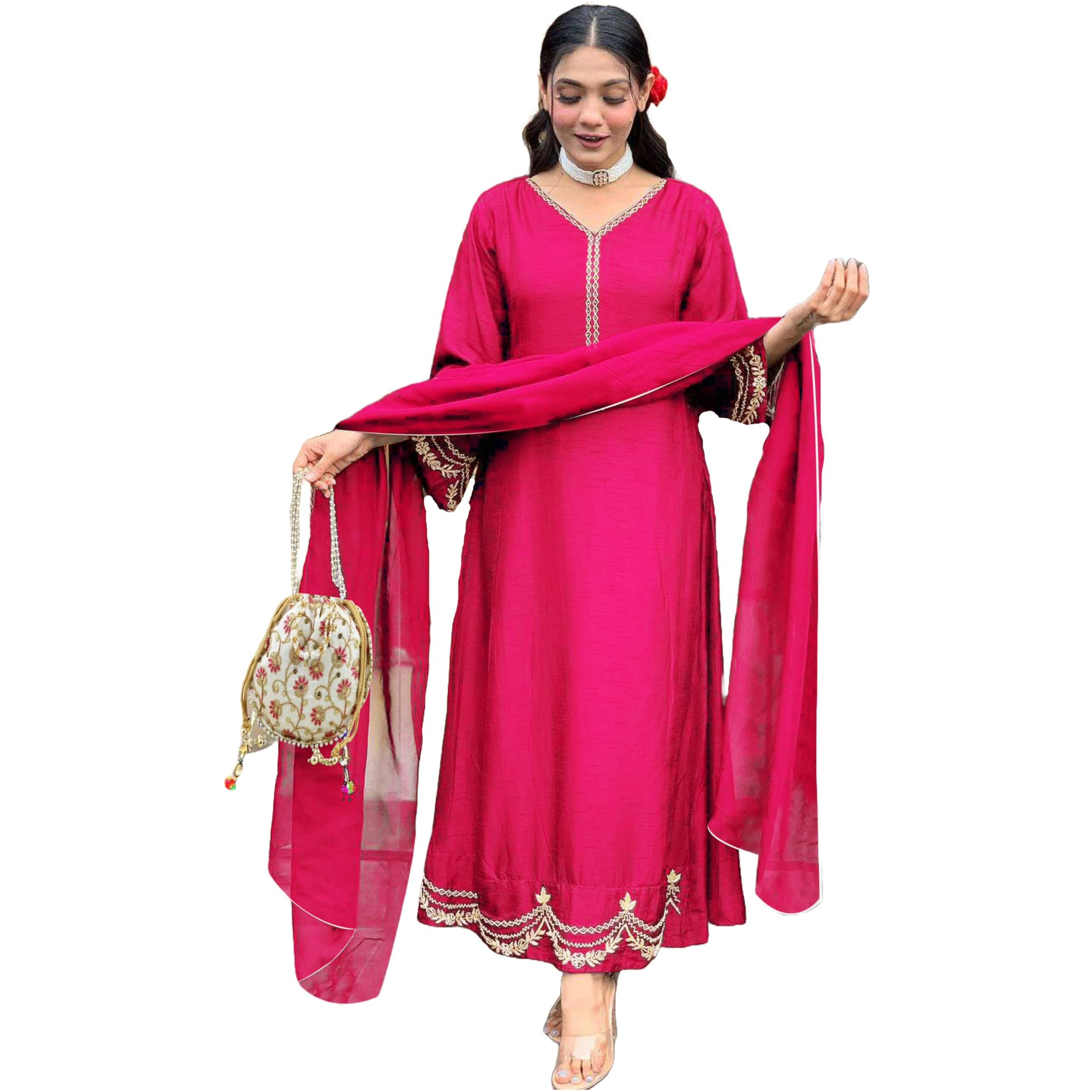 Gosriki Women's Rayon Viscose Anarkali Embroidered Kurta With Pant & Dupatta (Ranibai Pink-Gs_L_Pink_Large)