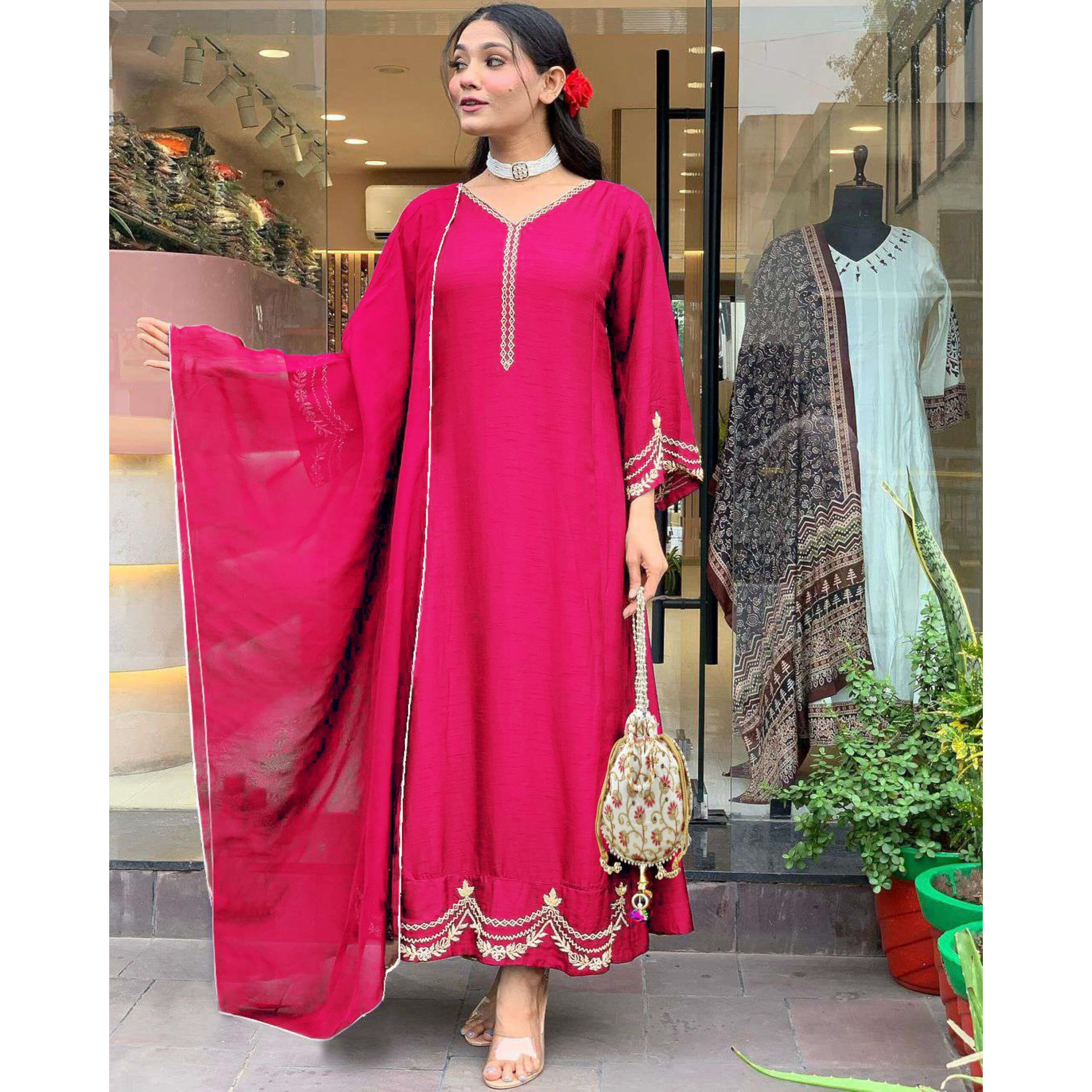 Gosriki Women's Rayon Viscose Anarkali Embroidered Kurta With Pant & Dupatta (Ranibai Pink-Gs_L_Pink_Large)