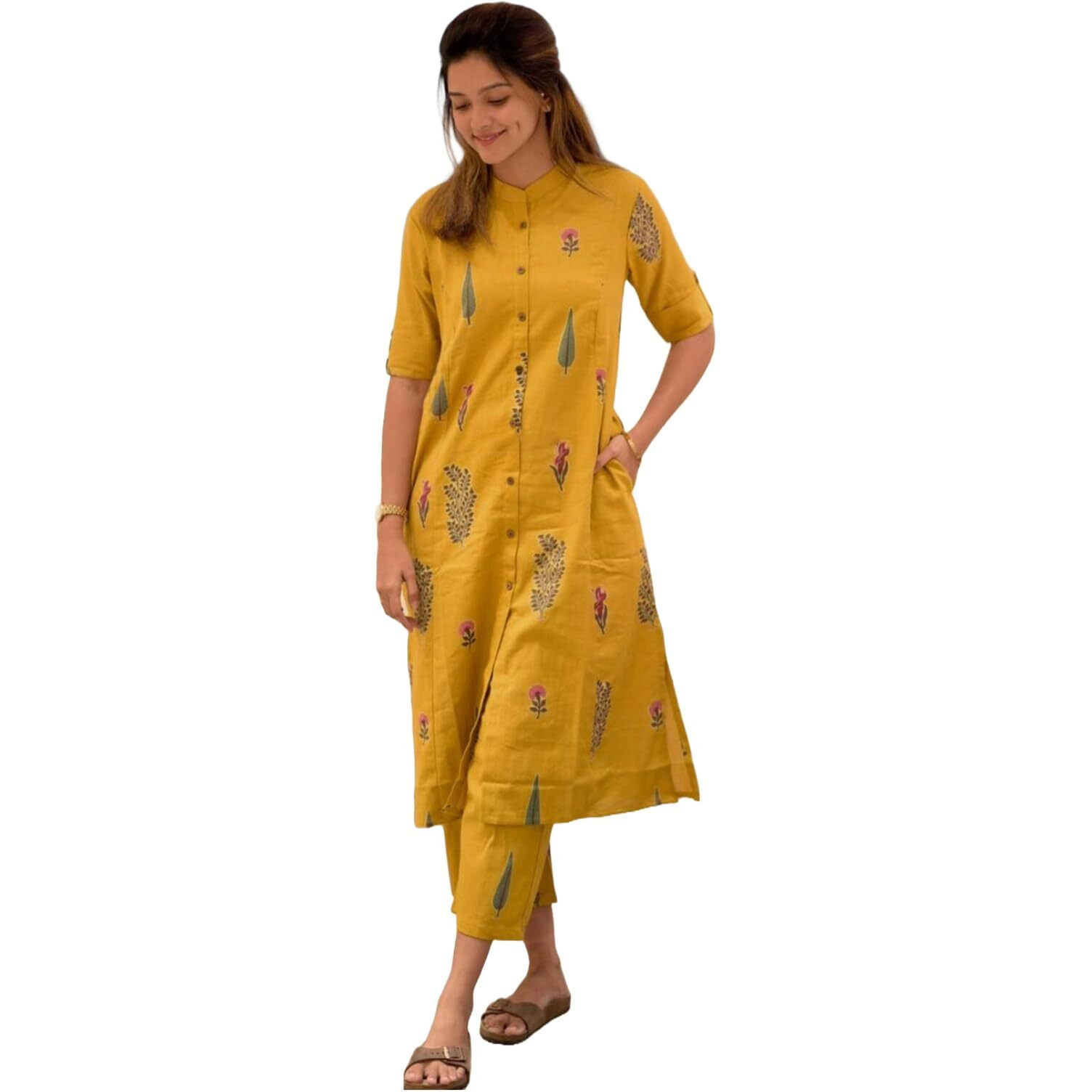 Gosriki Women's Rayon Viscose Straight Printed Kurta With Pant (Barkat Yellow-Gs_L_Yellow_Large)