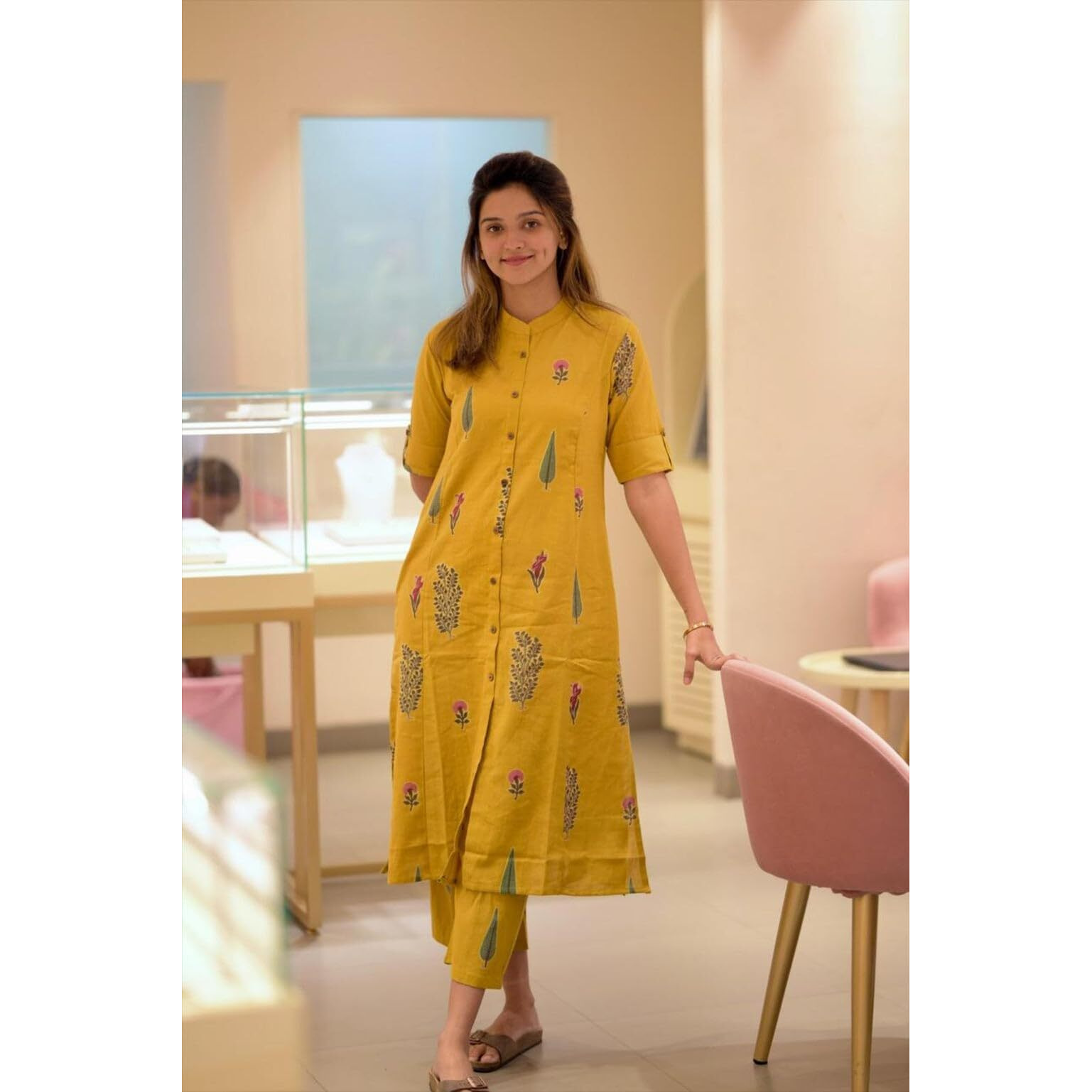 Gosriki Women's Rayon Viscose Straight Printed Kurta With Pant (Barkat Yellow-Gs_L_Yellow_Large)