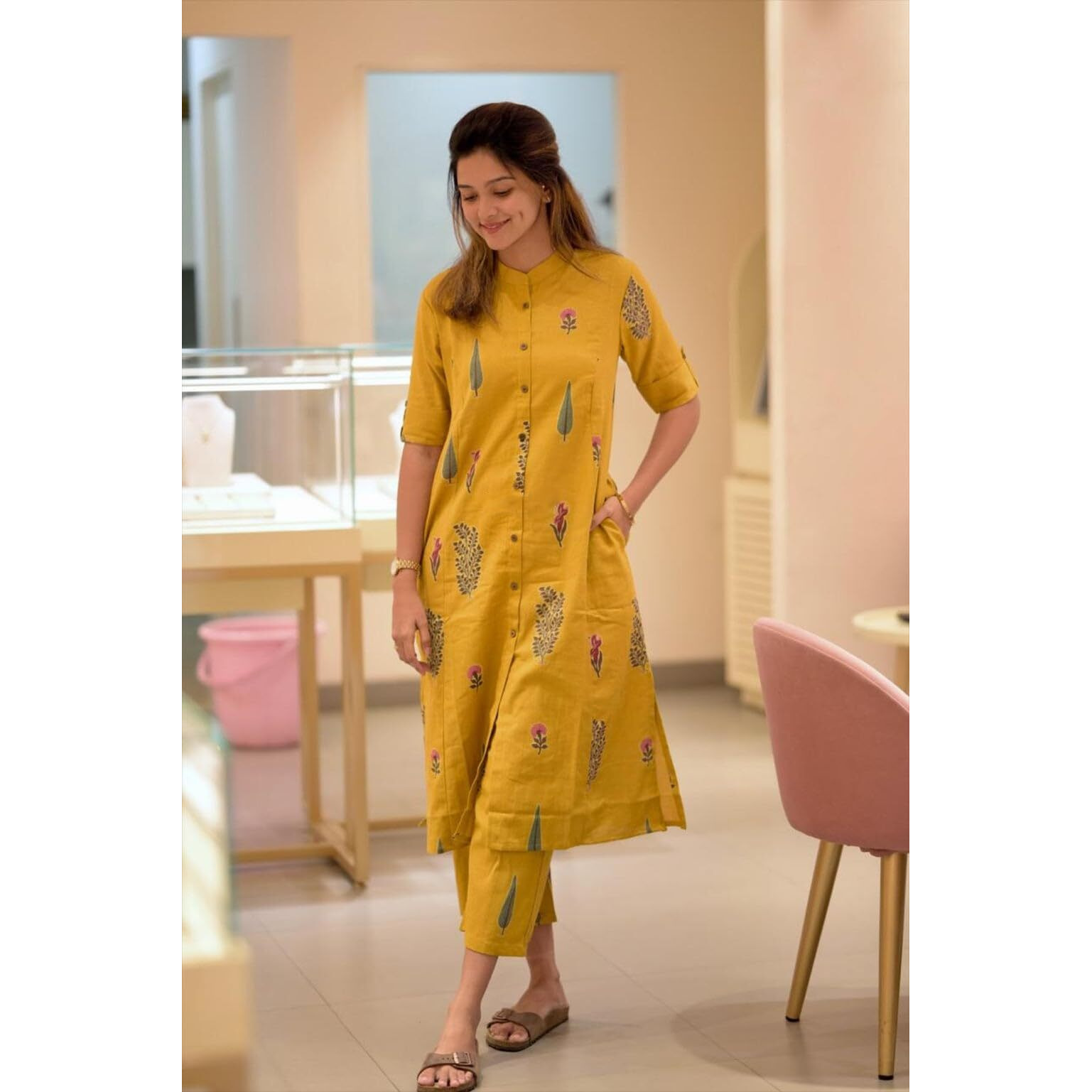 Gosriki Women's Rayon Viscose Straight Printed Kurta With Pant (Barkat Yellow-Gs_L_Yellow_Large)