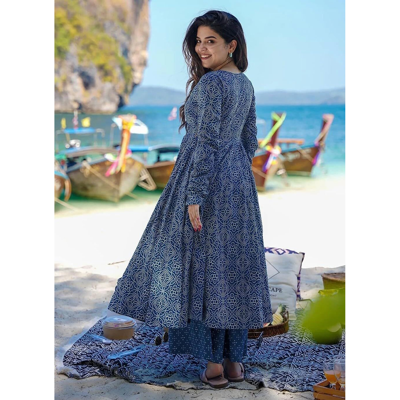 Gosriki Women's Rayon Viscose Anarkali Printed Kurta With Palazzo & Dupatta (Sinners Blue-Gs_Xxl_Blue_Xx-Large)