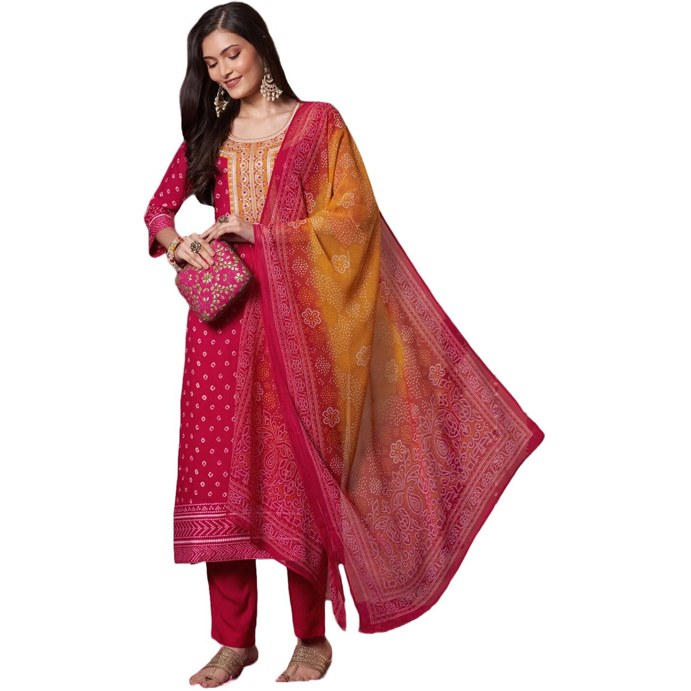 Gosriki Women's Rayon Viscose Printed Straight Kurta With Pant & Dupatta (Subhi Pink-Vks05-Gs_M_Pink_Medium)