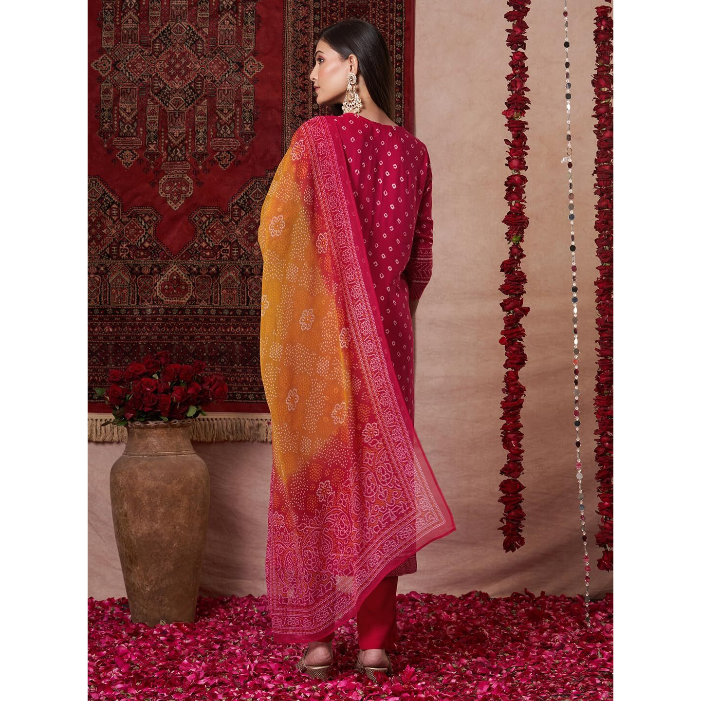 Gosriki Women's Rayon Viscose Printed Straight Kurta With Pant & Dupatta (Subhi Pink-Vks05-Gs_M_Pink_Medium)