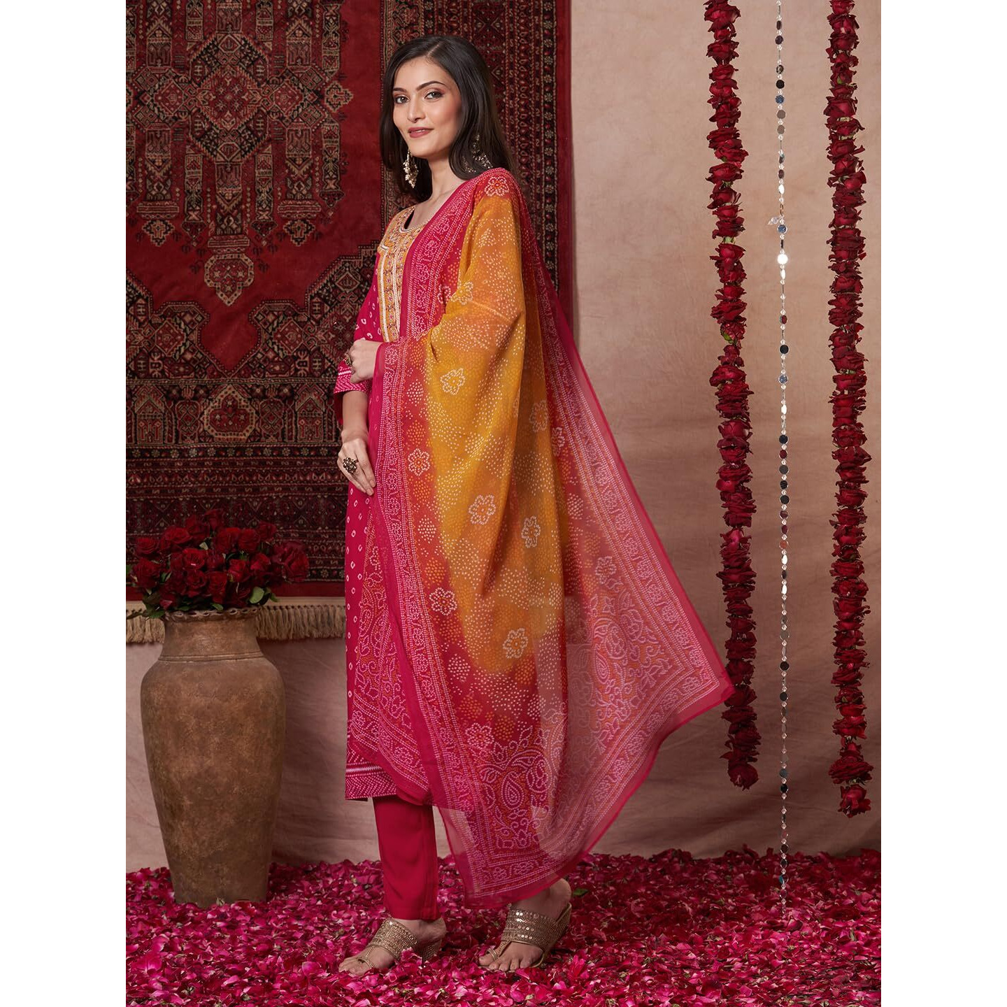 Gosriki Women's Rayon Viscose Printed Straight Kurta With Pant & Dupatta (Subhi Pink-Vks05-Gs_M_Pink_Medium)