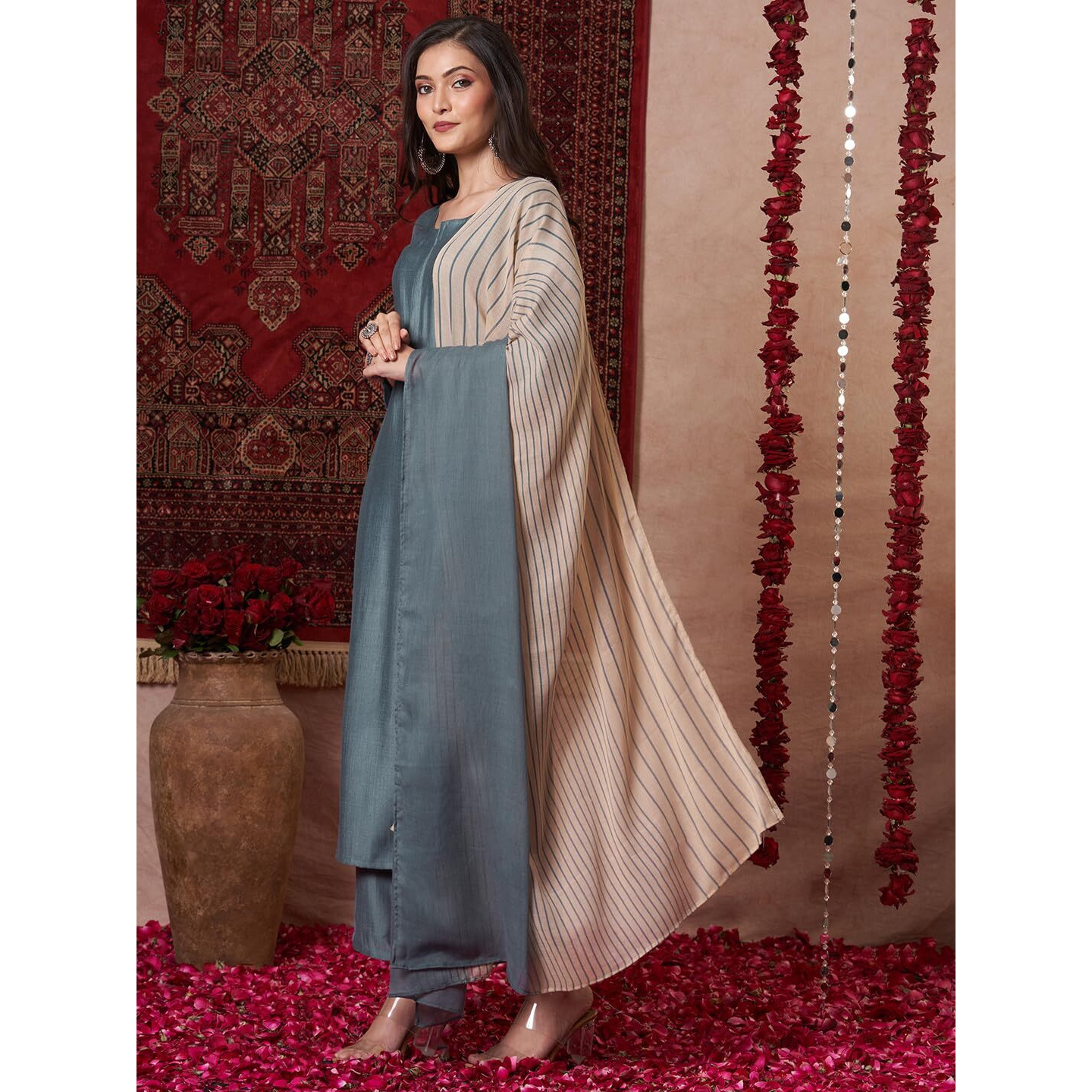 Gosriki Women's Rayon Viscose Solid Straight Kurta With Pant & Dupatta (Raja Saab Grey-Vks14-Gs_Xxl_Grey_Xx-Large)
