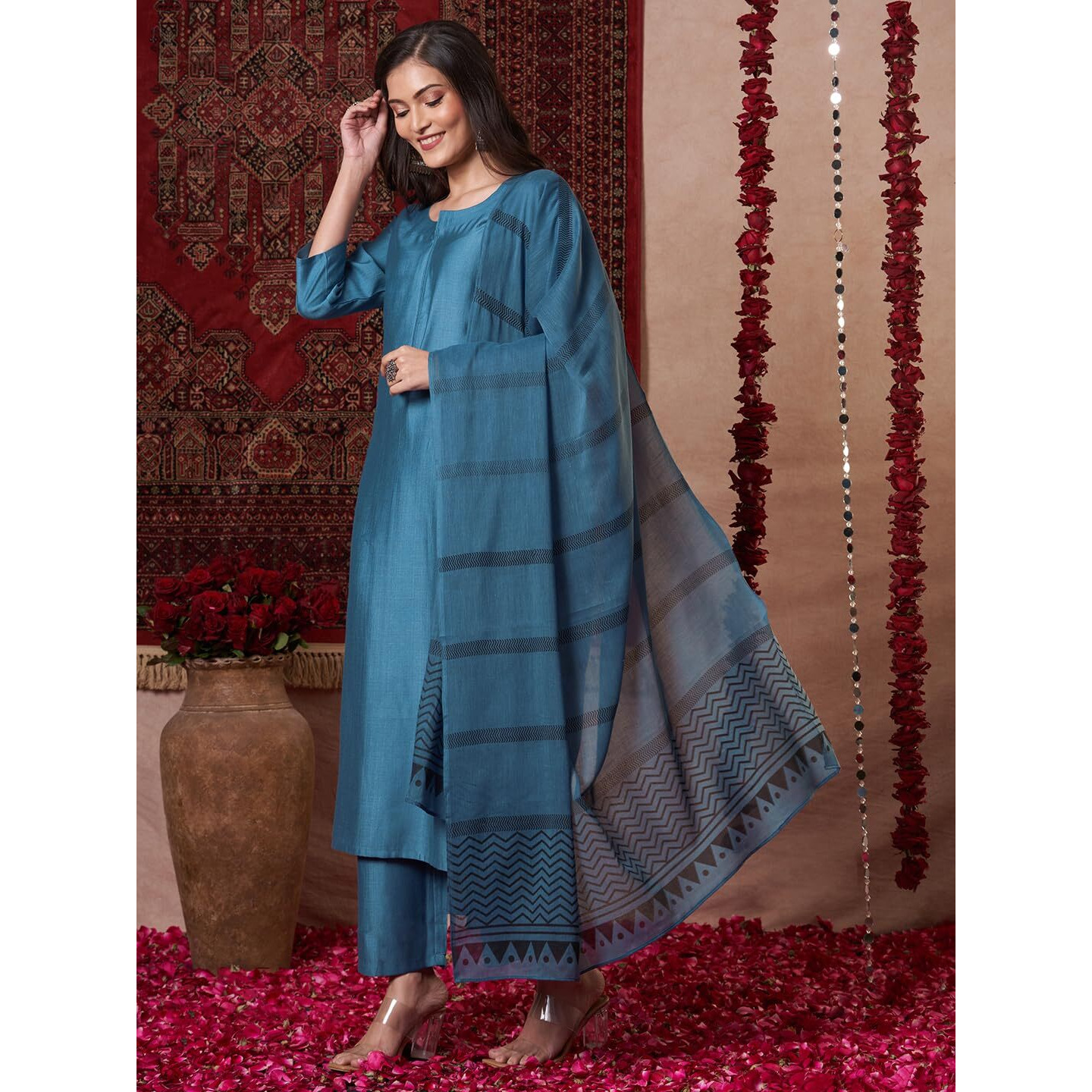 Gosriki Women's Rayon Viscose Solid Straight Kurta With Pant & Dupatta (Raja Saab Light Blue-Vks14-Gs_L_Light Blue_Large)