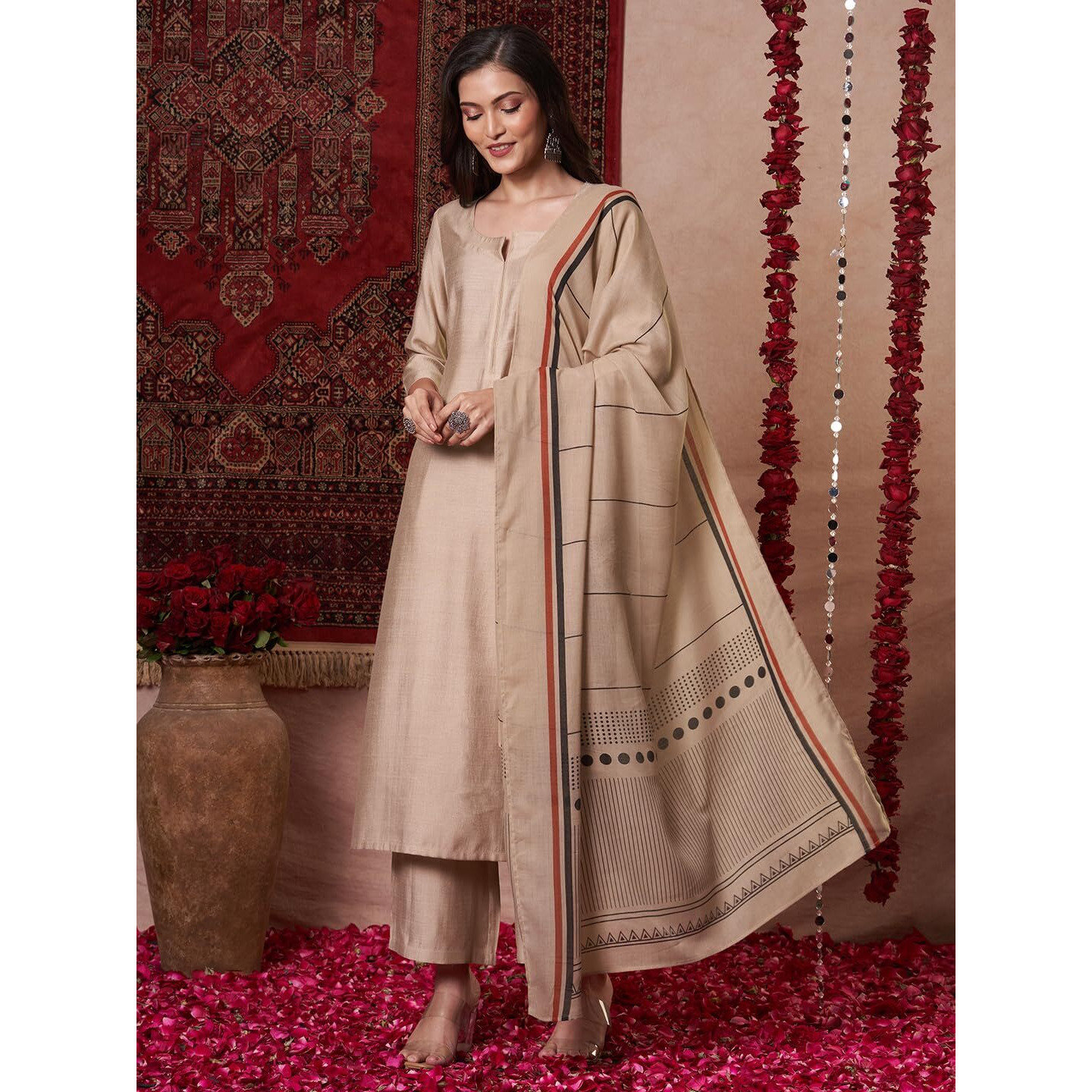 Gosriki Women's Rayon Viscose Solid Straight Kurta With Pant & Dupatta (Raja Saab Beige-Vks14-Gs_Xxl_Beige_Xx-Large)