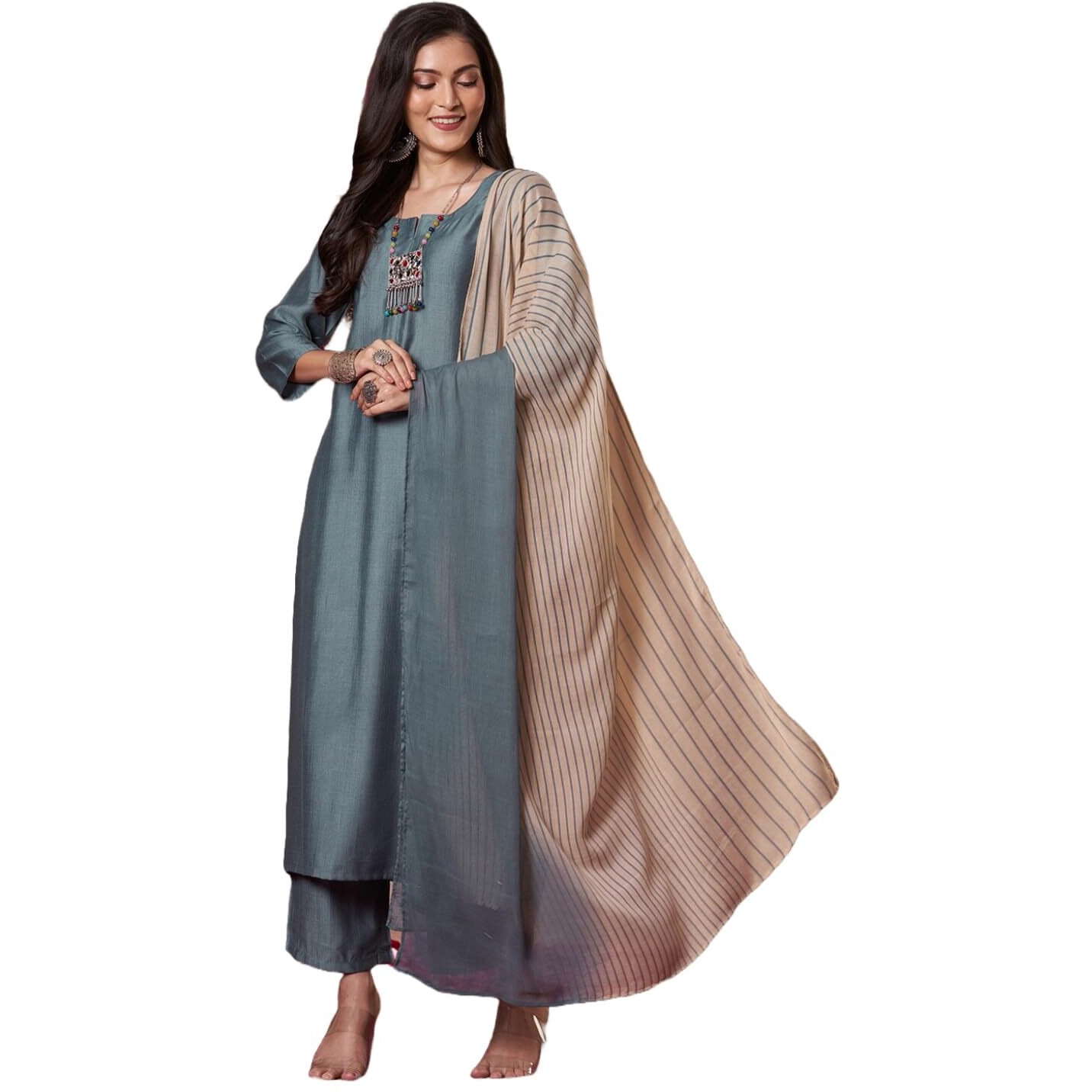 Gosriki Women's Rayon Viscose Solid Straight Kurta With Pant & Dupatta (Raja Saab Grey-Vks14-Gs_S_Grey_Small)