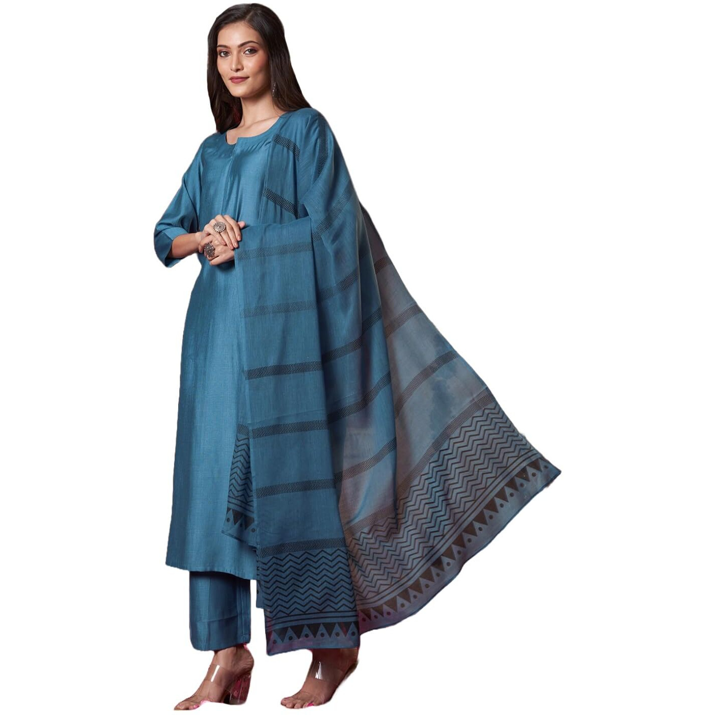 Gosriki Women's Rayon Viscose Solid Straight Kurta With Pant & Dupatta (Raja Saab Light Blue-Vks14-Gs_S_Light Blue_Small)