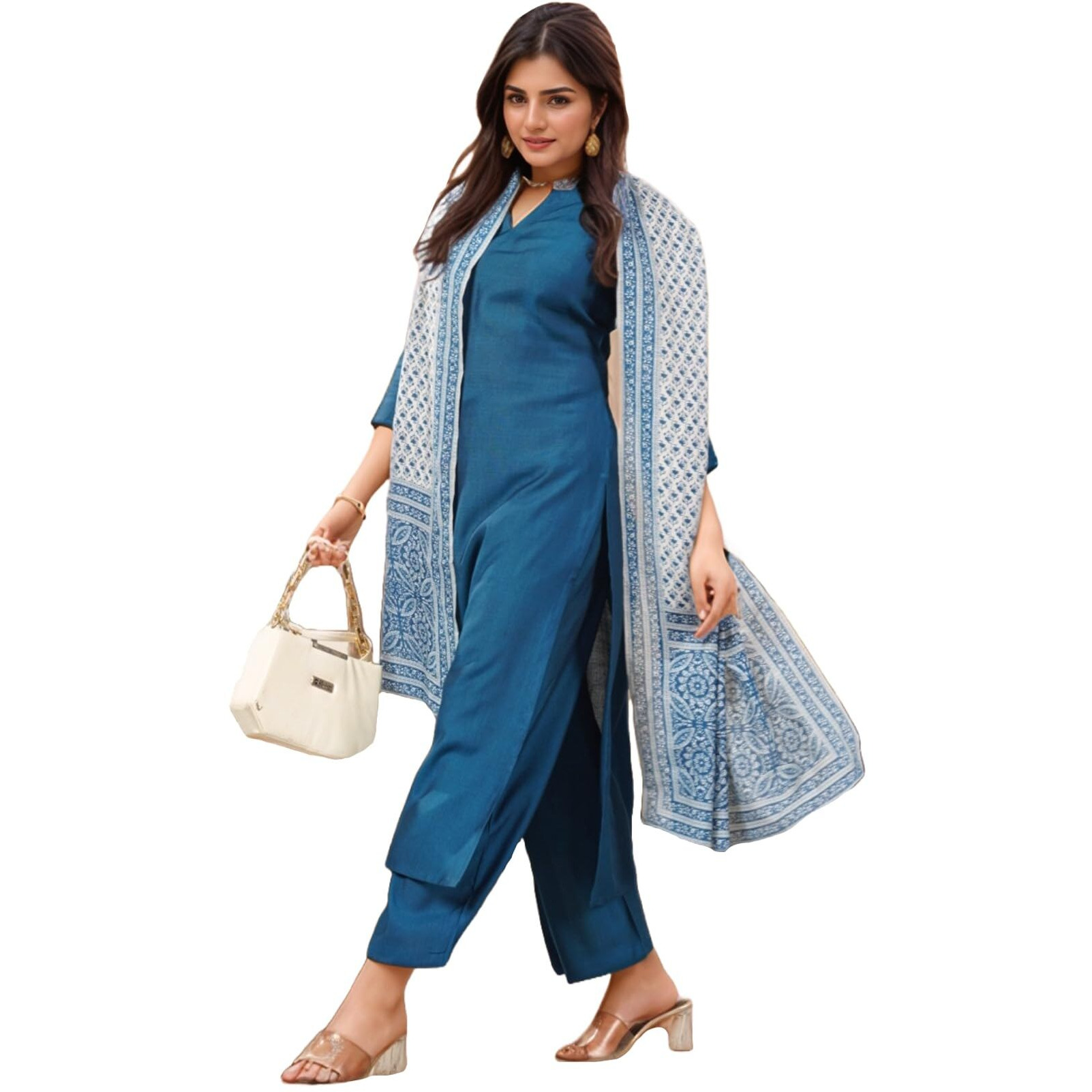 Gosriki Women's Rayon Viscose Solid Straight Kurta With Pant & Dupatta (Vardhan Blue-Gs_S_Blue_Small)