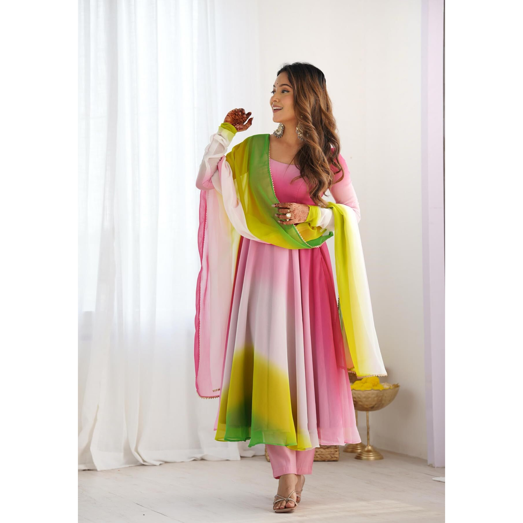 Gosriki Women's Georgette Anarkali Solid Kurta With Pant & Dupatta (Sade Multi-Gs_M_Multicolor_Medium)